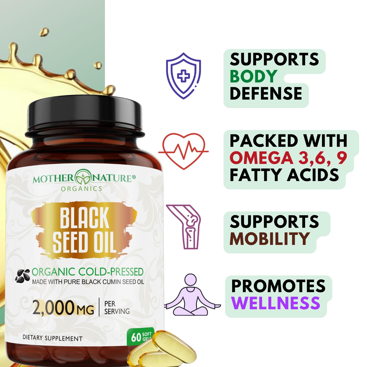 Black Seed Oil Capsules – Organic Cold Pressed Black Cumin Oil, High TQ Nigella Sativa, 1000mg per Capsule, 60 Softgels