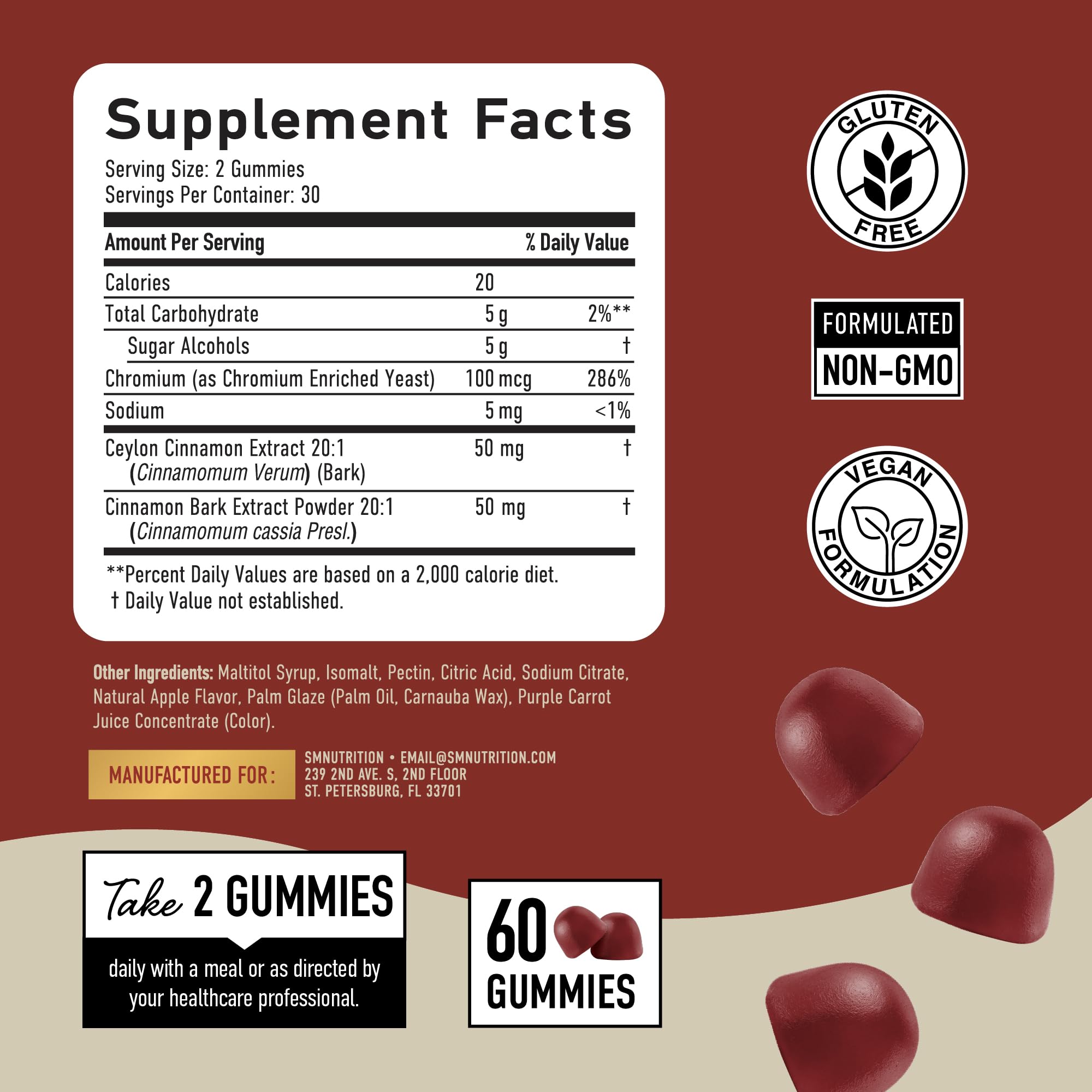 Sugar-Free Cinnamon Gummies 2000MG with Ceylon Cinnamon & Cassia Complex | Sugar-Free Lifestyle Supplement & Guilt-Free Apple Pie Flavor with Chromium | Vegan, Non-GMO, Gluten-Free | 60 Gummies