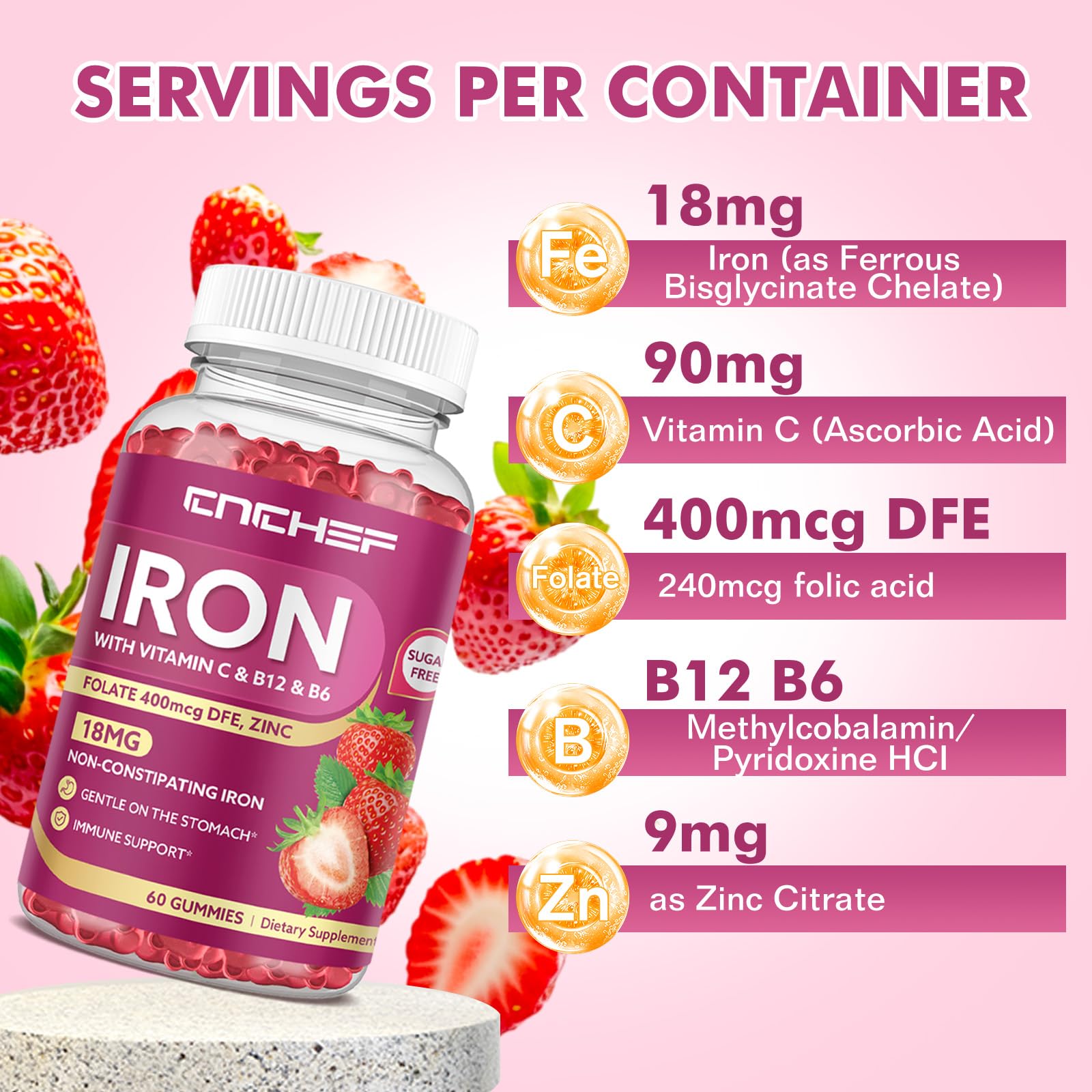 Iron Supplement for Women & Men Gummies, Multivitamin Blood Builder Iron Supplement with Folate Vitamin C B12 B6 Zinc for Adults & Kids - Energy Support - Strawberry Flavor, Vegan 60 Gummies