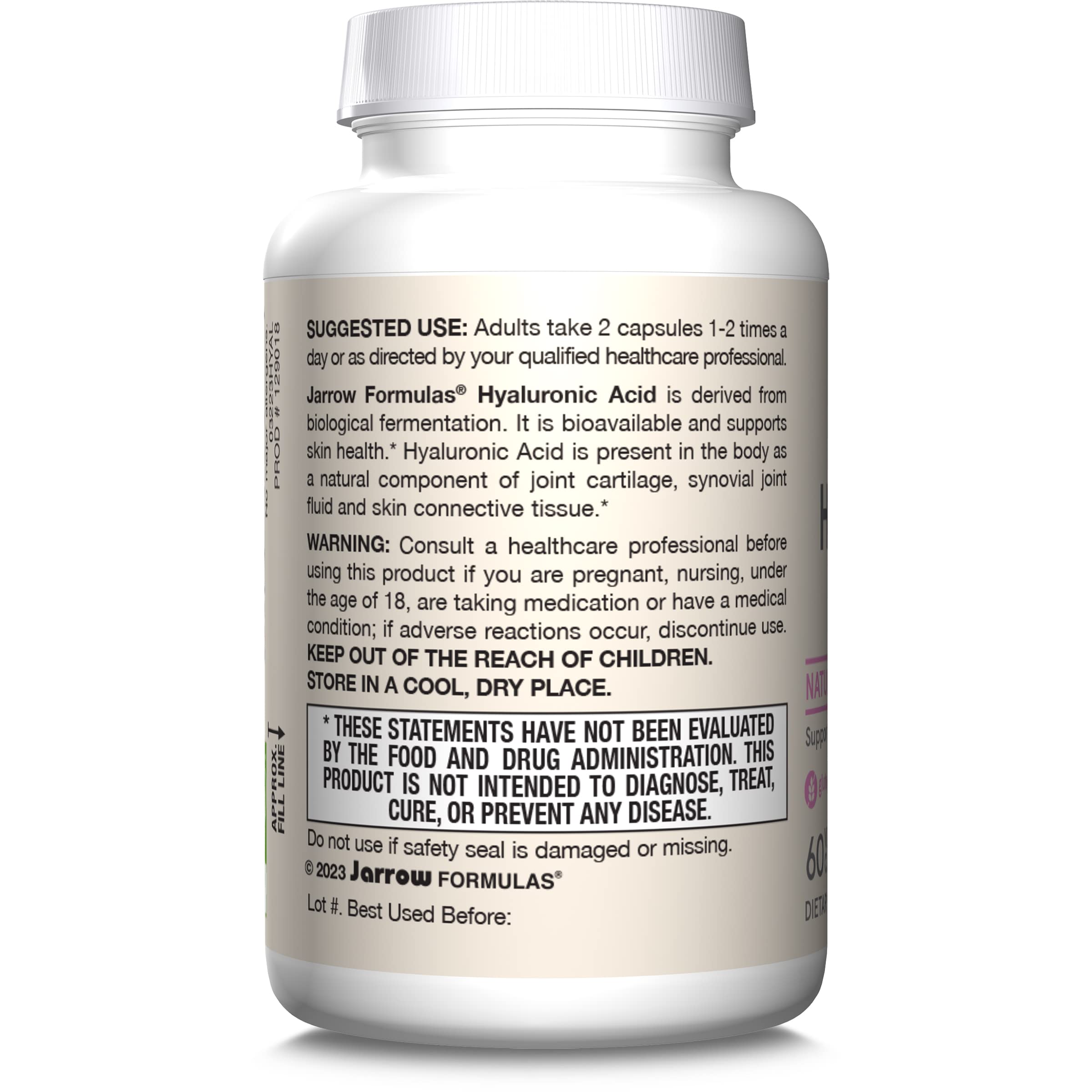 Jarrow Formulas Hyaluronic Acid 120 mg, Dietary Supplement, Skin Health Support, 60 Veggie Capsules, Up to 30 Day Supply