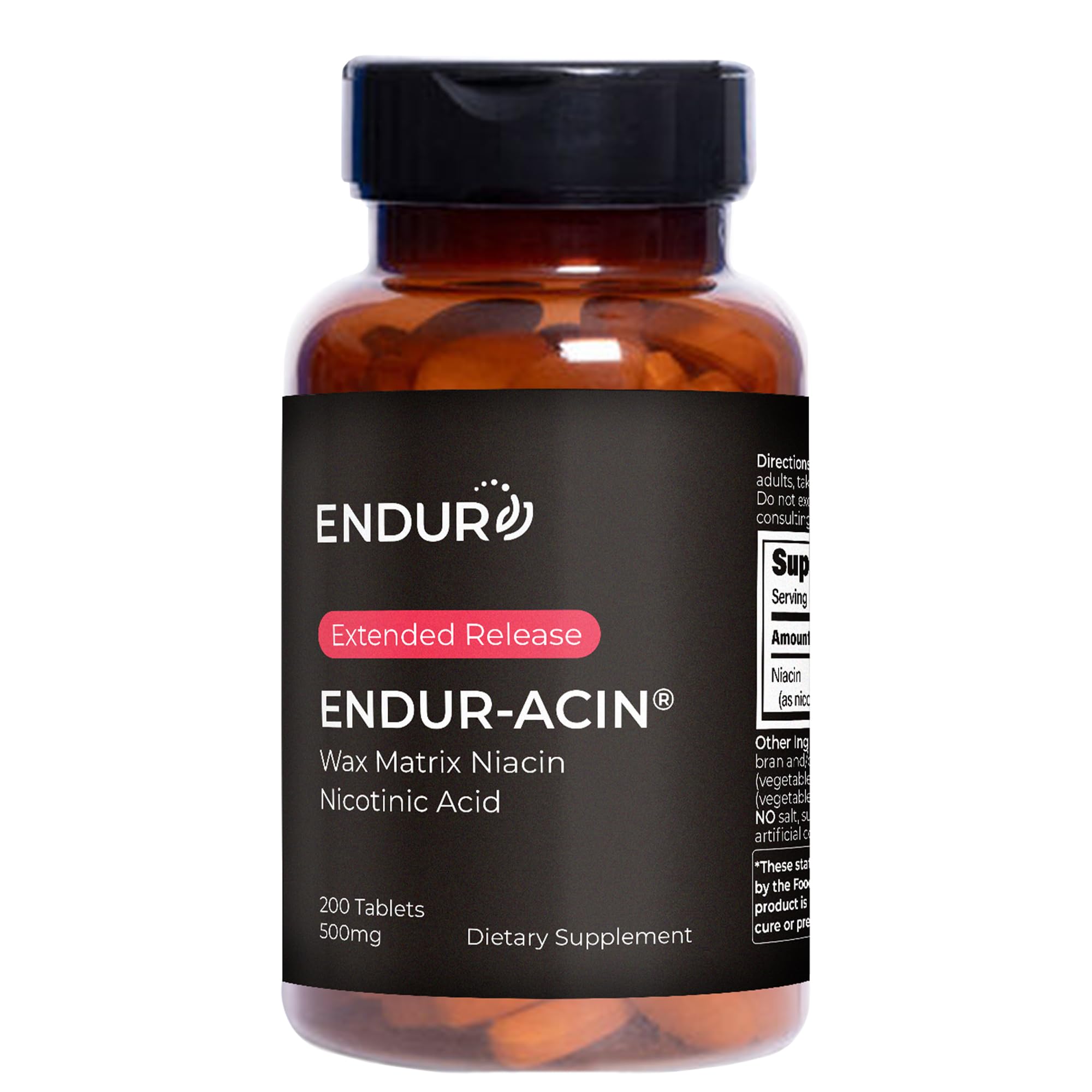 ENDUR-ACIN - Niacin B3 - ER (Extended Release) 500 mg - Nicotinic Acid - Healthy Heart & Cholesterol Balance Supplement - Low-Flush High-Potency Niacin with 4–8 HR Timed-Release Matrix - 200 Tablets