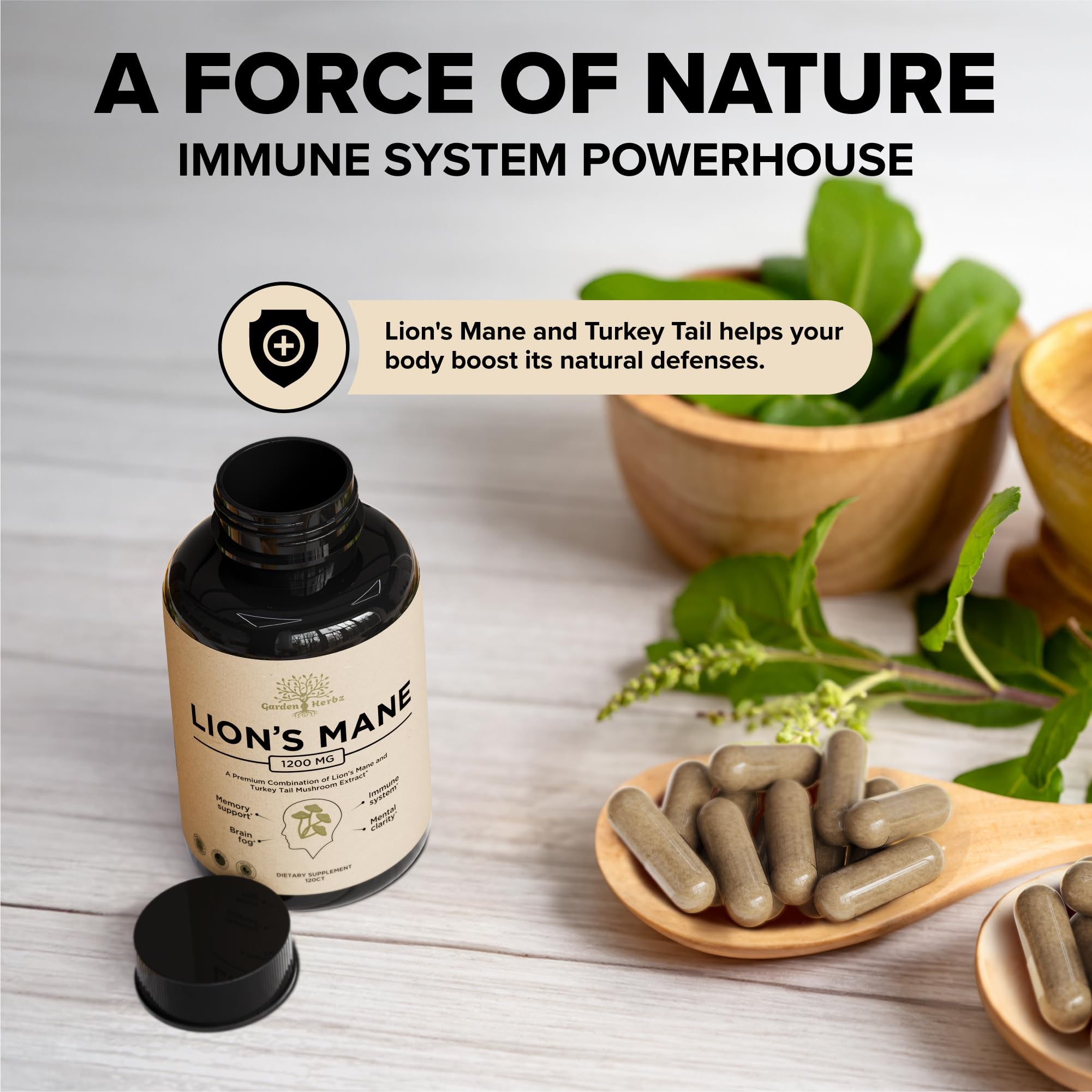 Garden of Herbz Lion’s Mane Mushroom Supplement Capsules with Turkey Tail – Mushroom Extract Blend, Non-GMO, 1200 mg per Serving, 120 Capsules