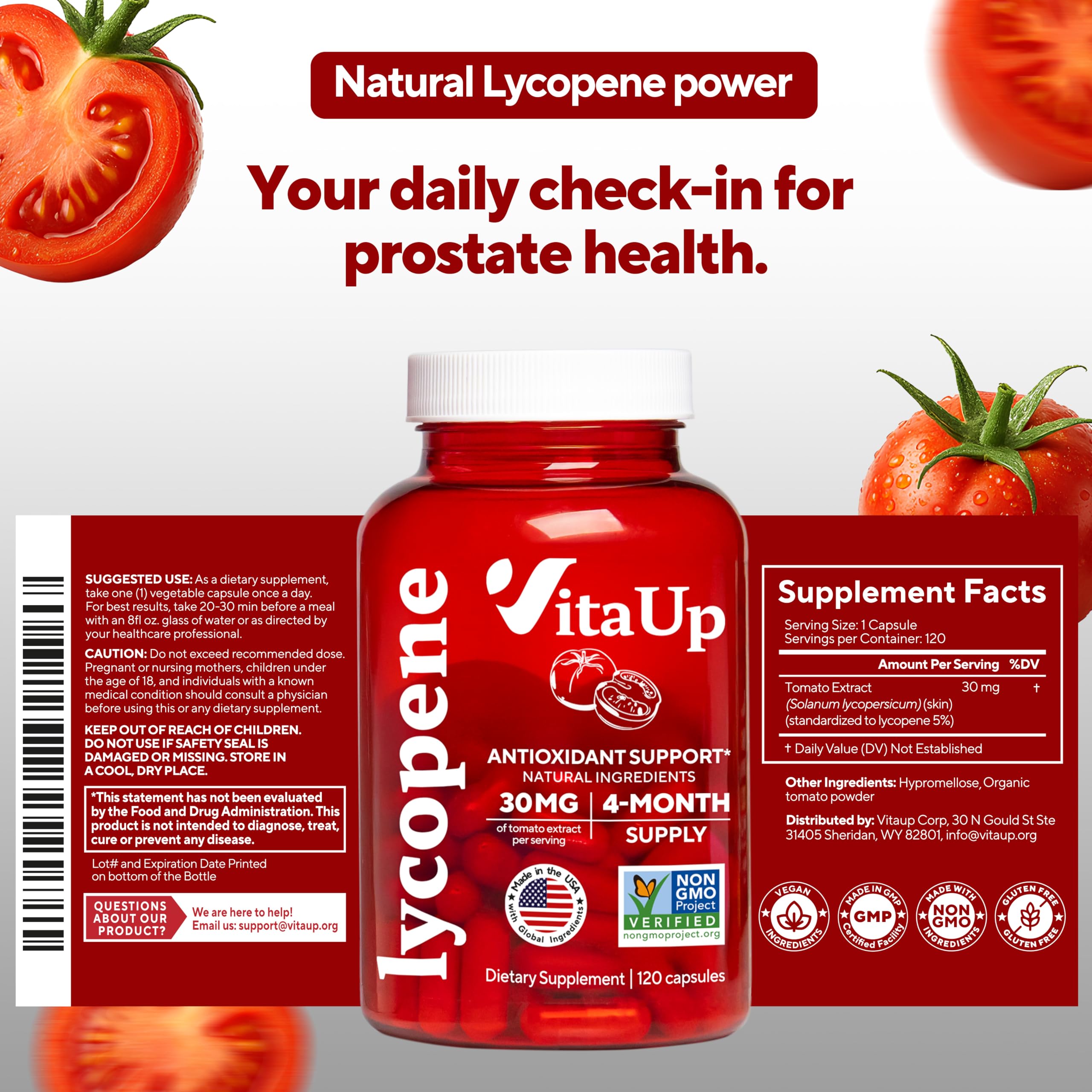 VitaUp Lycopene Supplements for Men – USA Made Prostate Supplements for Men with Natural Tomato Extract – Non-GMO Lycopene Supplement for Normal Prostate, Skin & Antioxidant Support – 120 Count