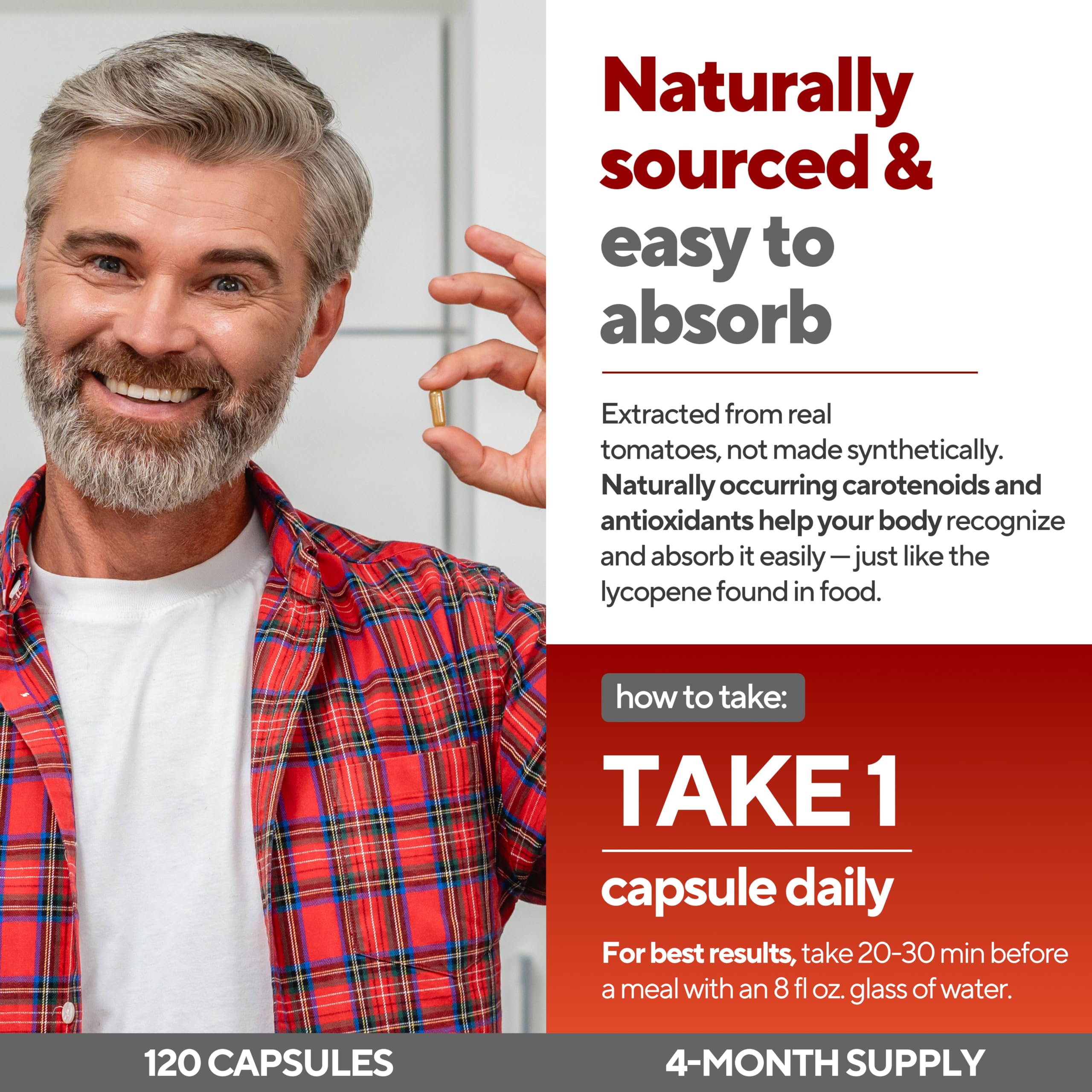 VitaUp Lycopene Supplements for Men – USA Made Prostate Supplements for Men with Natural Tomato Extract – Non-GMO Lycopene Supplement for Normal Prostate, Skin & Antioxidant Support – 120 Count