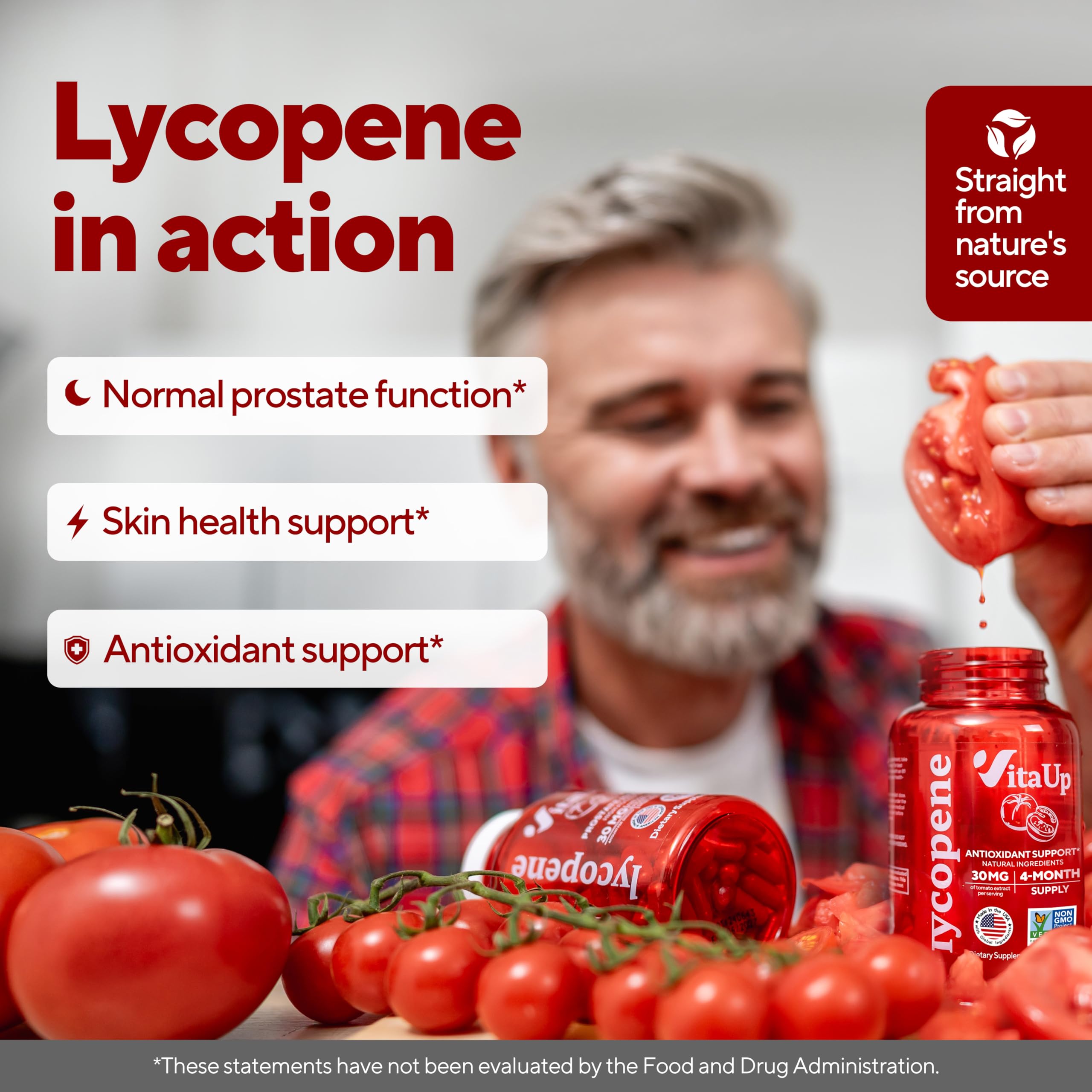 VitaUp Lycopene Supplements for Men – USA Made Prostate Supplements for Men with Natural Tomato Extract – Non-GMO Lycopene Supplement for Normal Prostate, Skin & Antioxidant Support – 120 Count