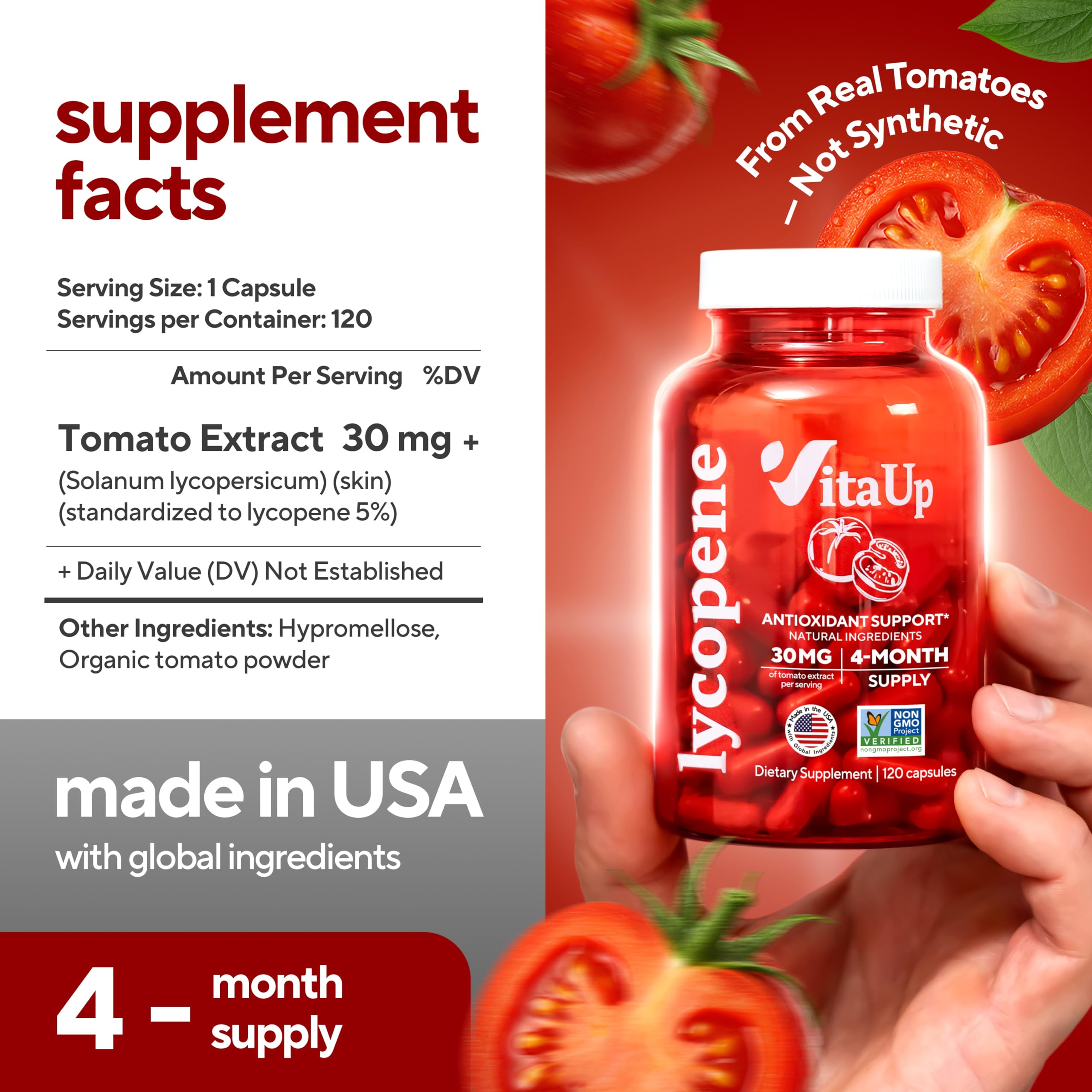 VitaUp Lycopene Supplements for Men – USA Made Prostate Supplements for Men with Natural Tomato Extract – Non-GMO Lycopene Supplement for Normal Prostate, Skin & Antioxidant Support – 120 Count