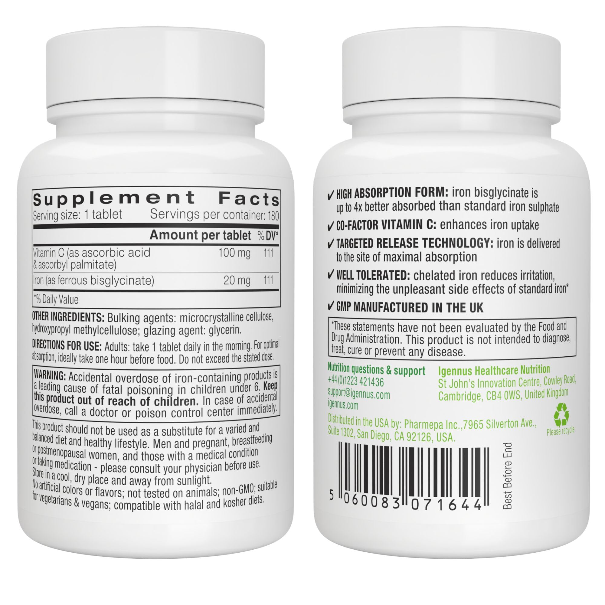 Igennus Clean Iron Bisglycinate 20mg, Vitamin C, 6 Month Supply, Gentle Chelated High Absorption Formula & Targeted Release Ferrous Bisglycinate for Women and Men, One Daily, Vegan, 180 Tablets