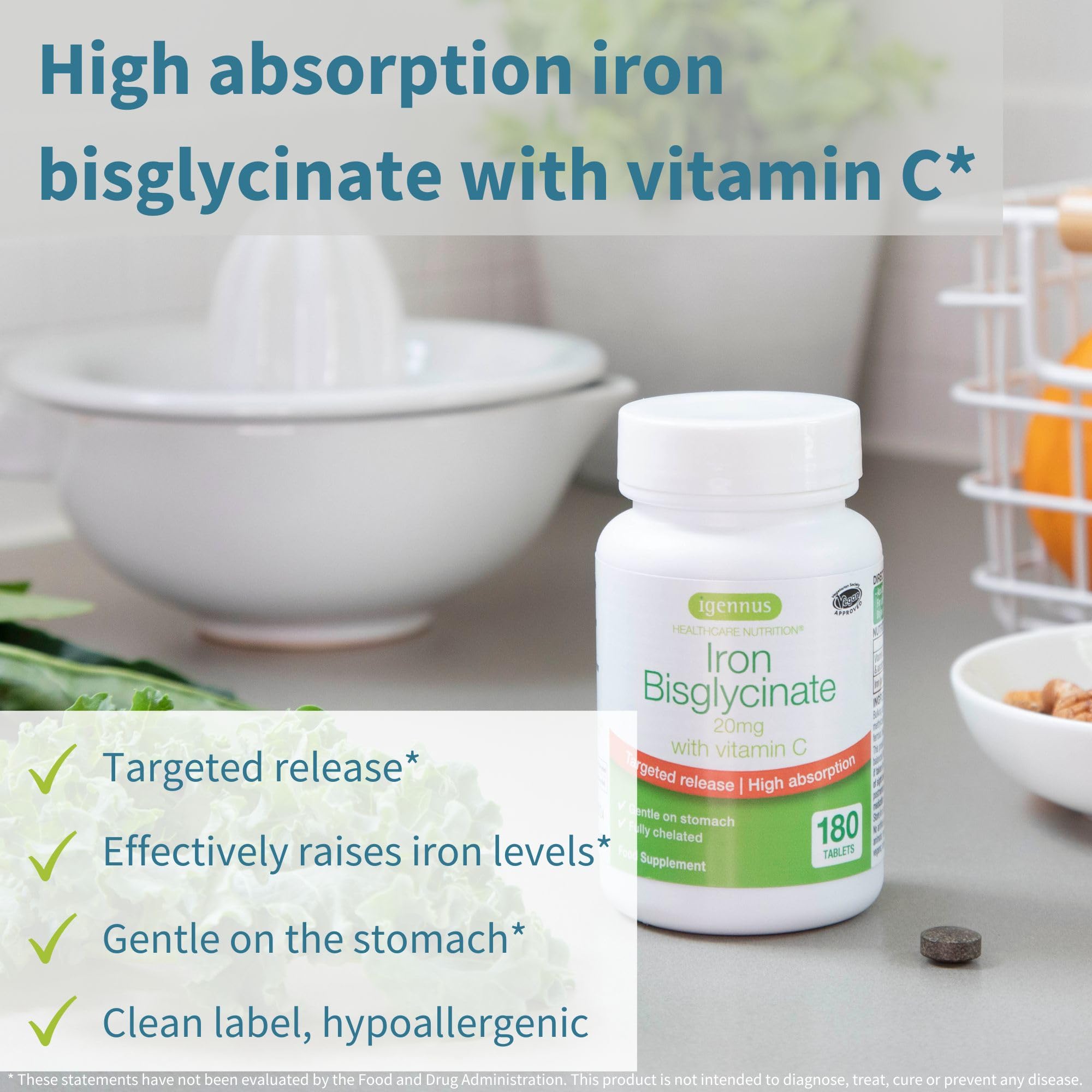 Igennus Clean Iron Bisglycinate 20mg, Vitamin C, 6 Month Supply, Gentle Chelated High Absorption Formula & Targeted Release Ferrous Bisglycinate for Women and Men, One Daily, Vegan, 180 Tablets