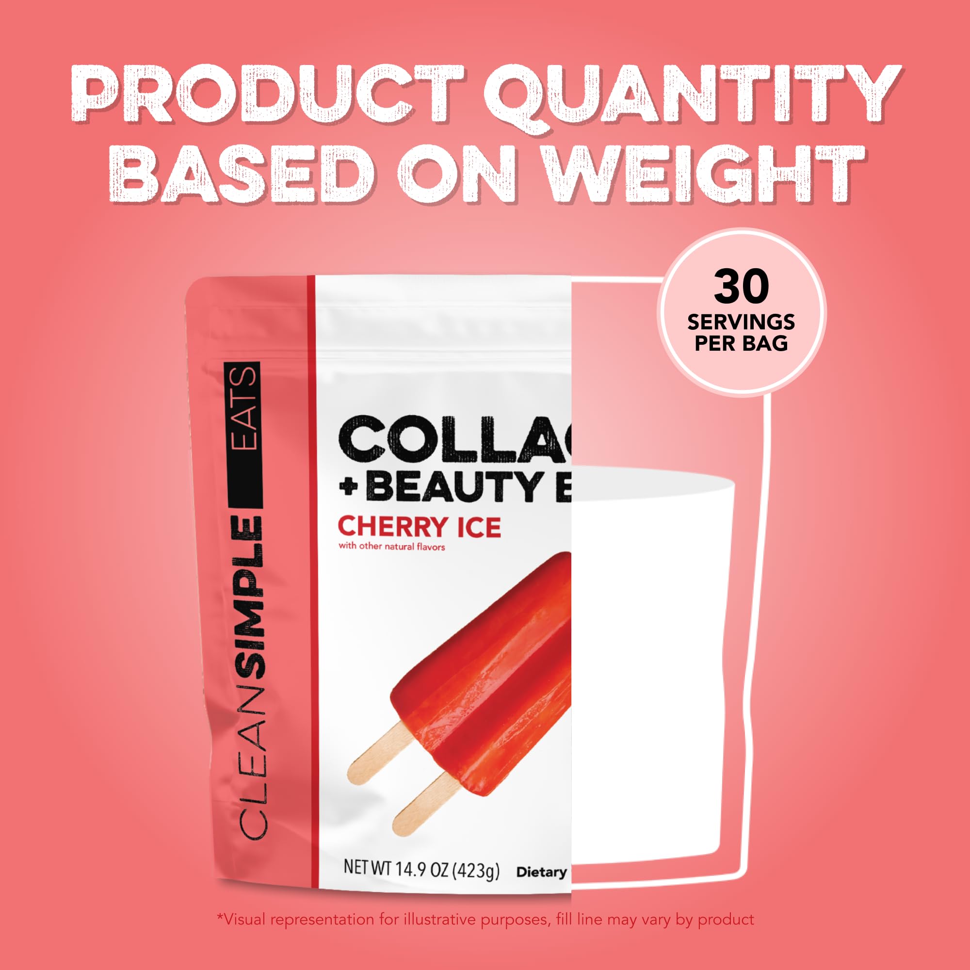 Clean Simple Eats Collagen Powder + Beauty Blend, Cherry Ice Flavor, Hydrolyzed Collagen Peptides from Grass Fed Bovine & Chicken, Hyaluronic Acid for Hair, Skin, Nail & Joint Support, 30 Servings