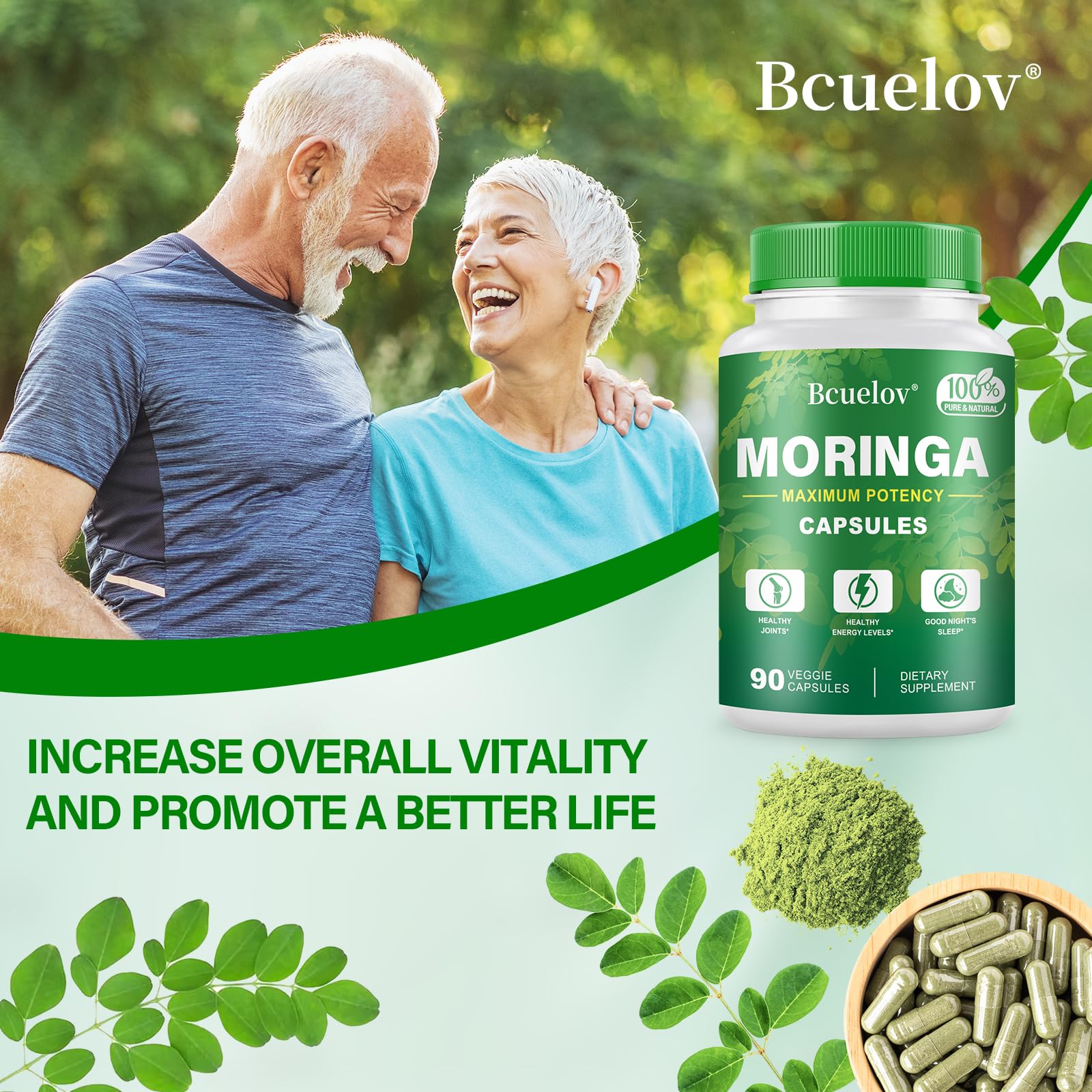 Bcuelov Moringa Capsules 2 Bottles | 800mg Pure Moringa Powder Capsules – Supports Energy, Immune Support, Gut Health, Green Superfood Contains Vitamins & Amino Acids