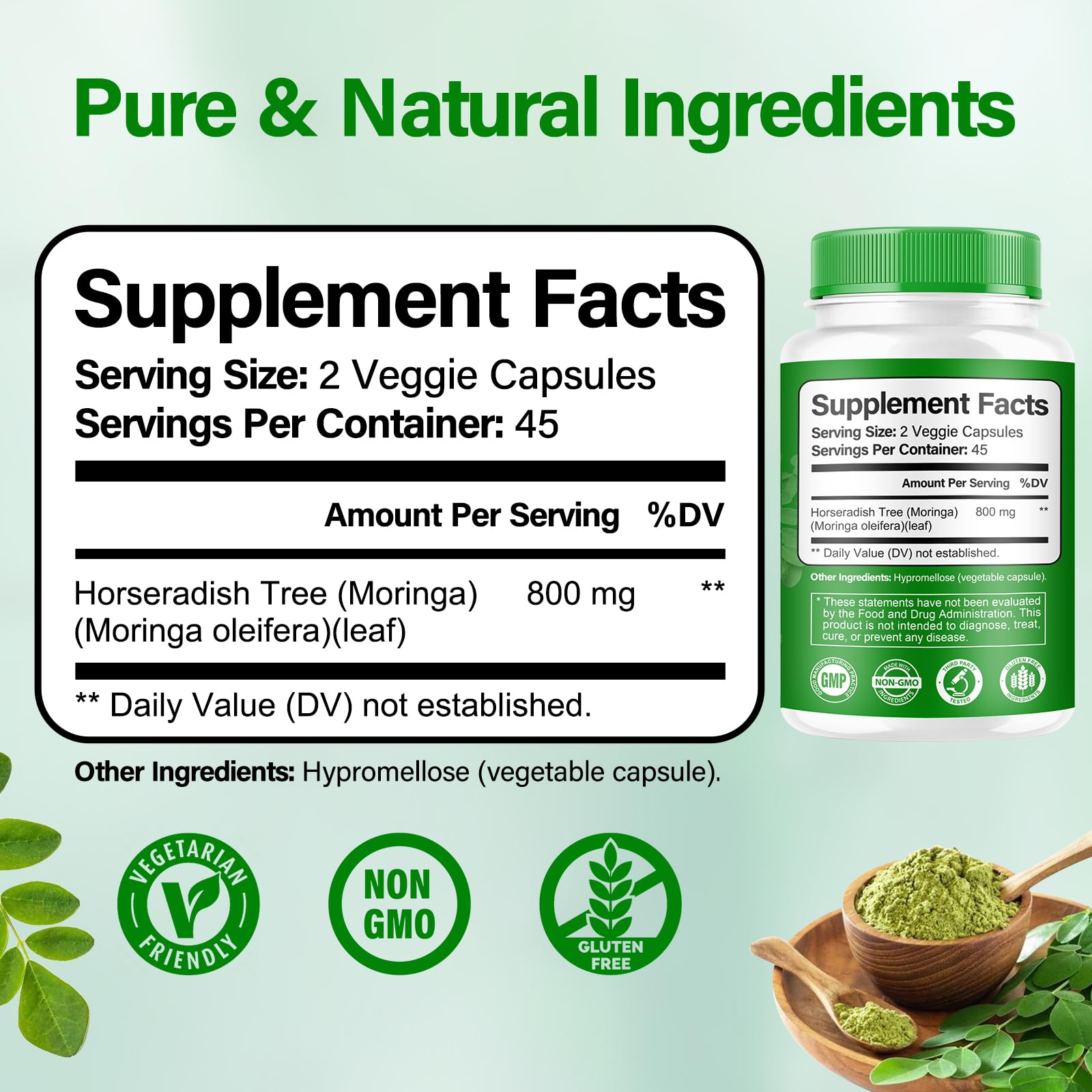 Bcuelov Moringa Capsules 2 Bottles | 800mg Pure Moringa Powder Capsules – Supports Energy, Immune Support, Gut Health, Green Superfood Contains Vitamins & Amino Acids