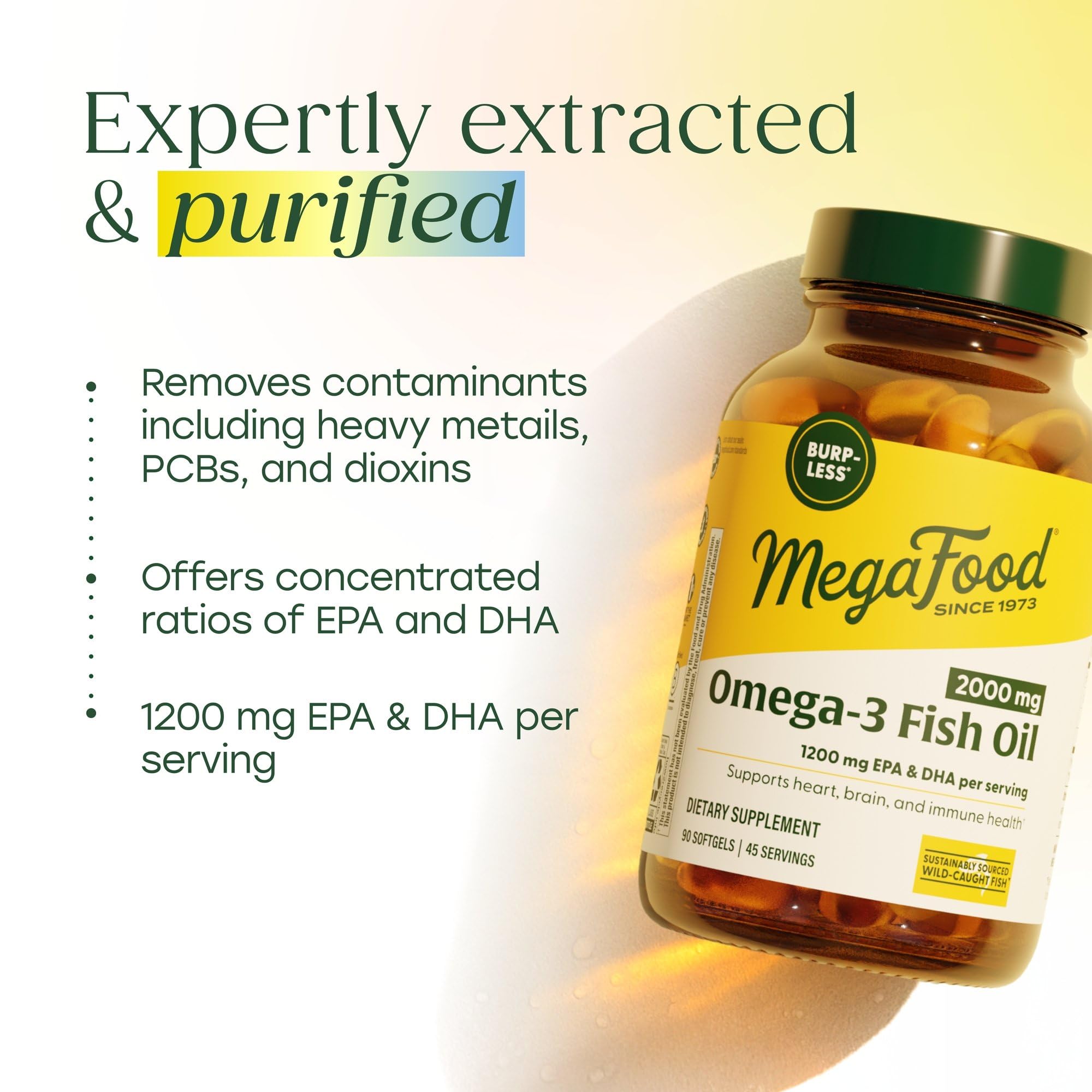 MegaFood 2000mg Fish Oil Omega 3 Supplements - Burp-Less & Lemon Oil Infused - Heart, Brain, Eye, Joint & Immune Support Supplement - 1200mg EPA & DHA Per Serving - 90 Softgels, 45 Servings