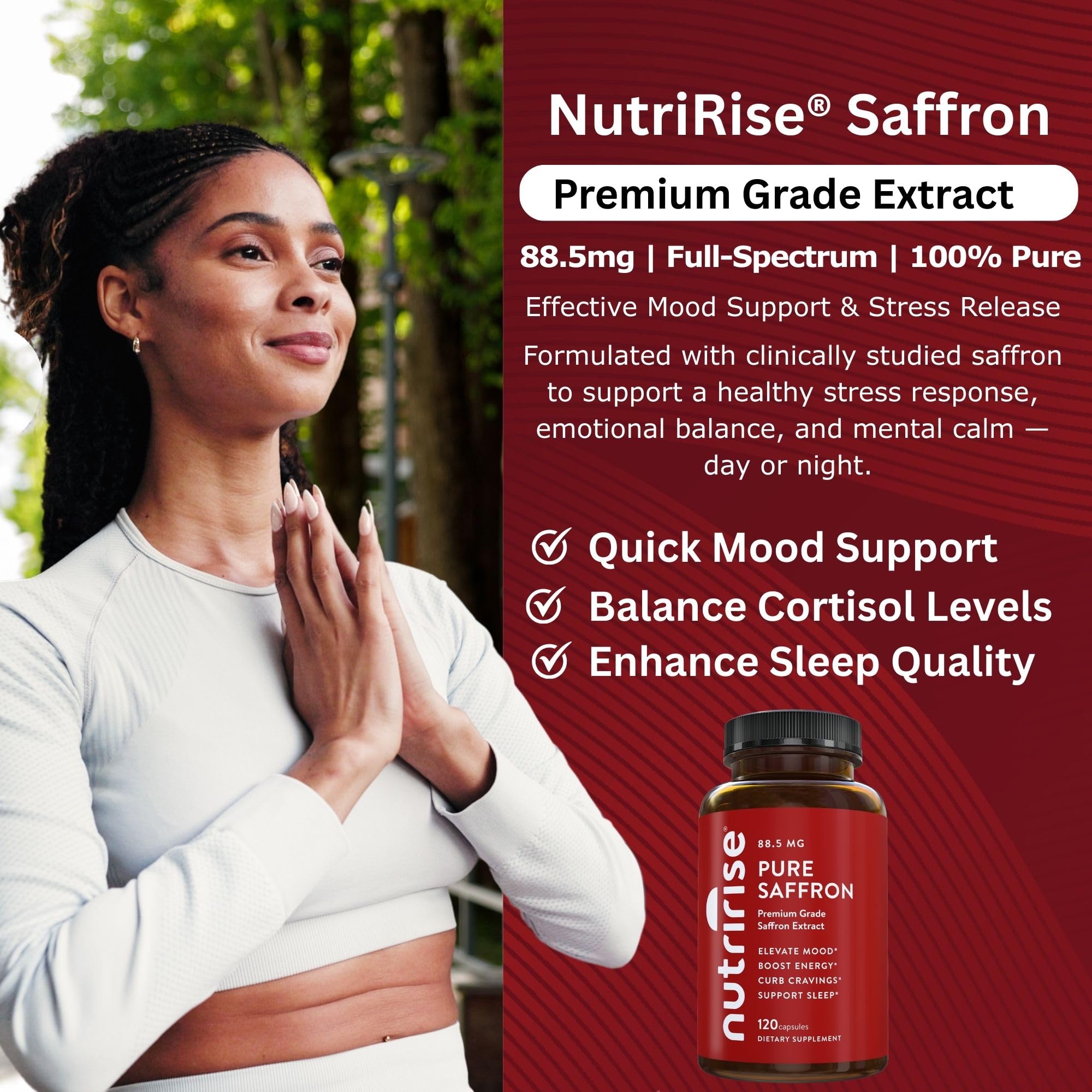 NutriRise Saffron Supplements 120 Capsules, 88.5mg Pure Extract - 4 Month Supply for Mood, Energy, Sleep, Stress & Cortisol Support - Non-GMO, Vegan & Gluten-Free for Women & Men