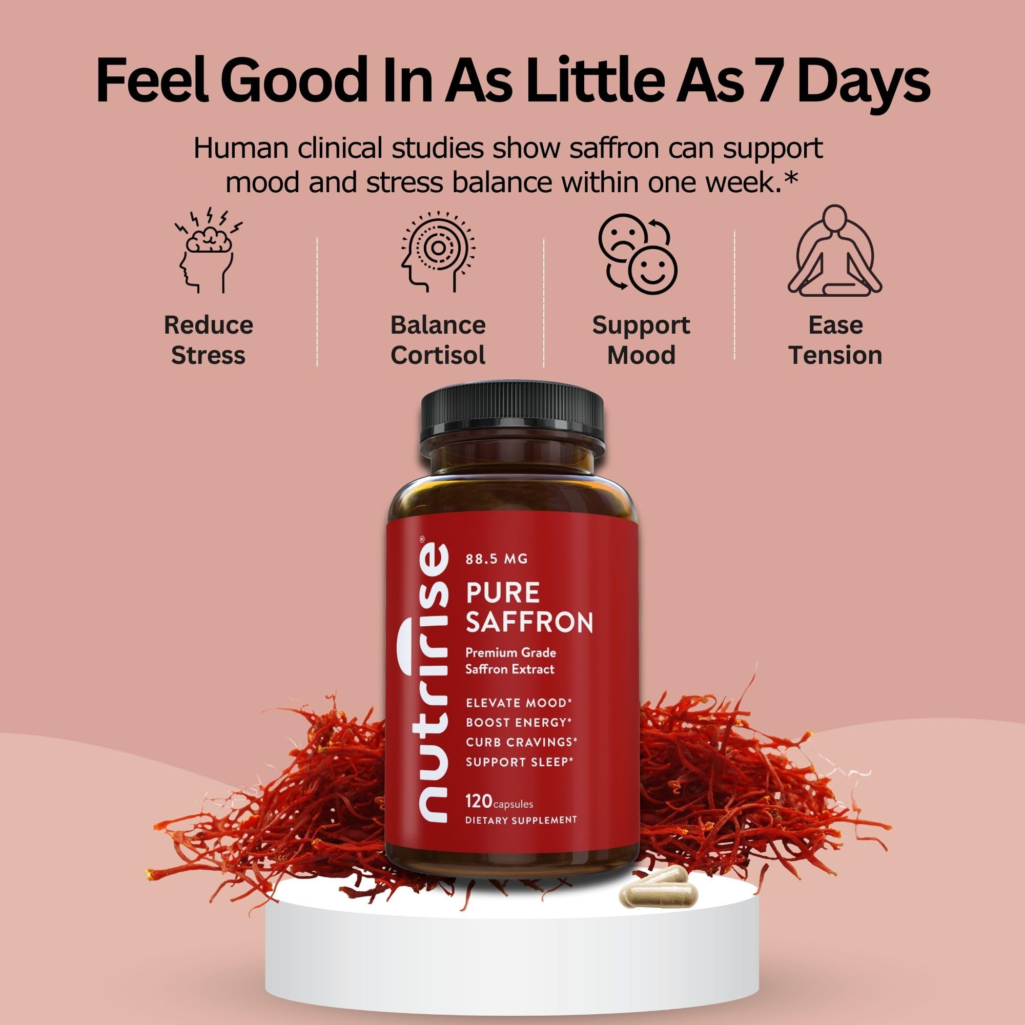 NutriRise Saffron Supplements 120 Capsules, 88.5mg Pure Extract - 4 Month Supply for Mood, Energy, Sleep, Stress & Cortisol Support - Non-GMO, Vegan & Gluten-Free for Women & Men