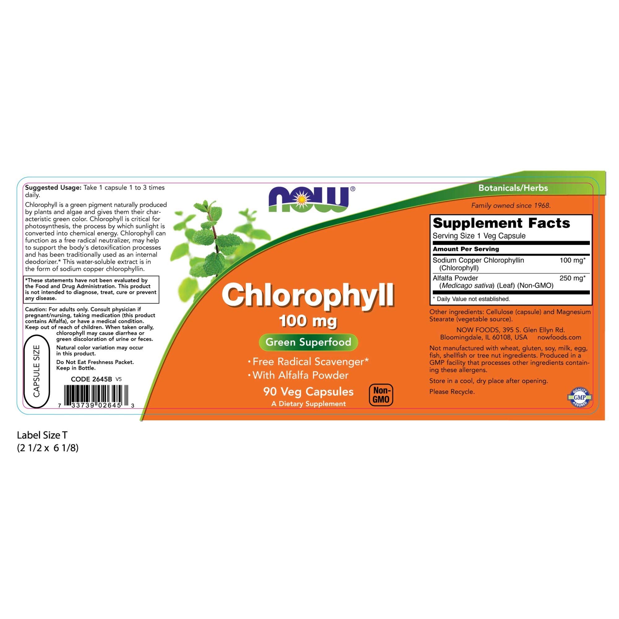 NOW Foods Supplements, Chlorophyll 100 mg with Alfalfa Powder, Green Superfood, 90 Veg Capsules