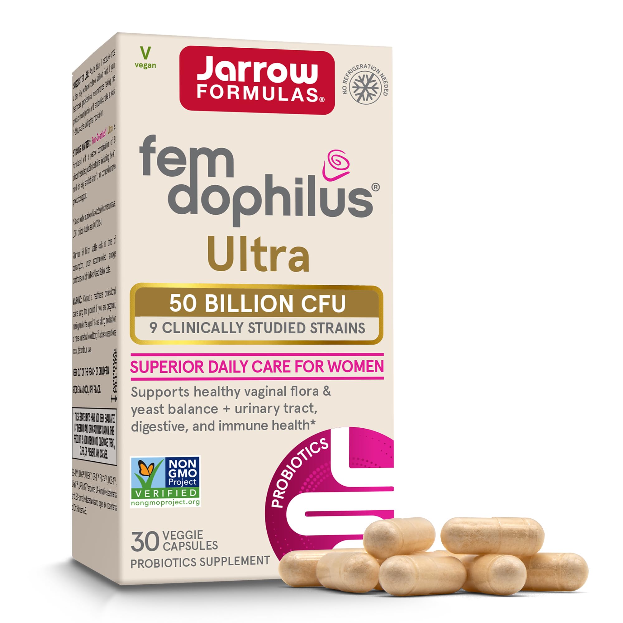 Jarrow Formulas Fem-Dophilus Vaginal & Digestive Probiotic 50 Billion CFU, 9 Clinically-Studied Strains, for Vaginal Flora & Yeast Balance, Urinary Tract, Digestive, & Immune Support, 30 Capsules