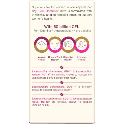 Jarrow Formulas Fem-Dophilus Vaginal & Digestive Probiotic 50 Billion CFU, 9 Clinically-Studied Strains, for Vaginal Flora & Yeast Balance, Urinary Tract, Digestive, & Immune Support, 30 Capsules