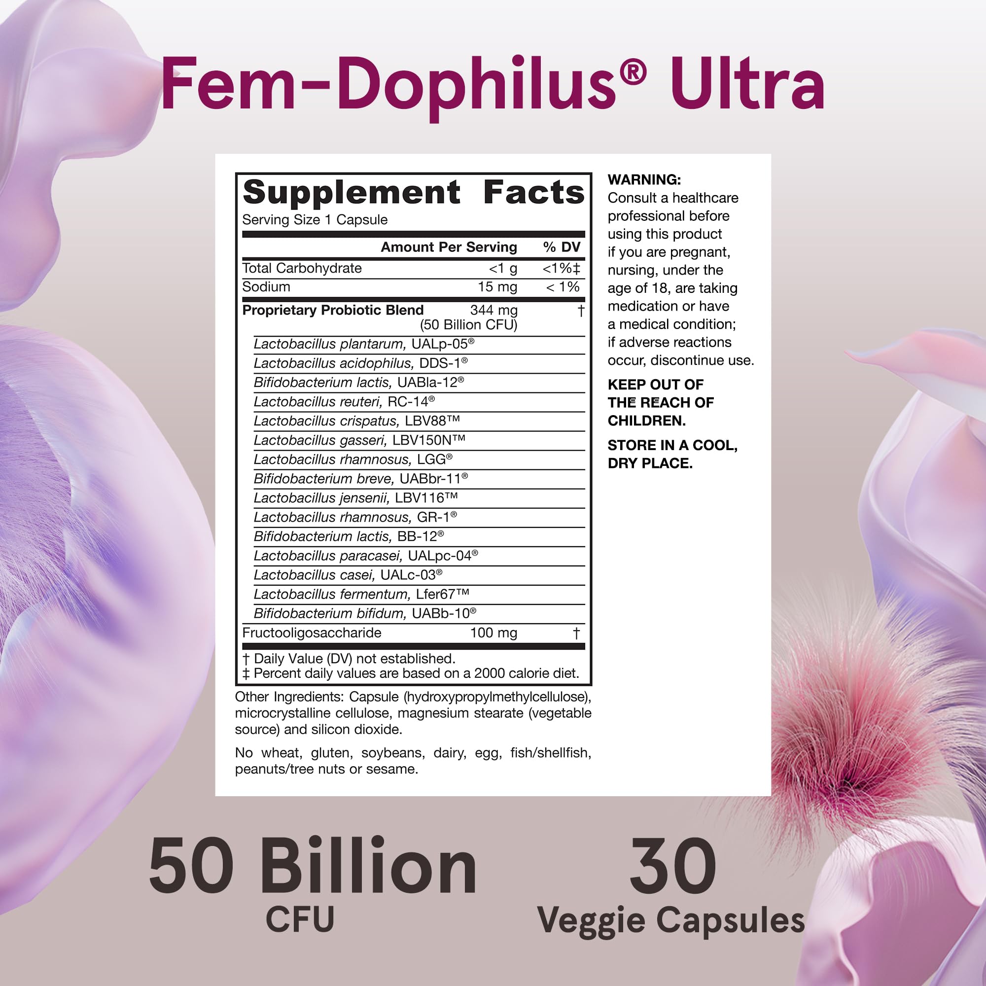 Jarrow Formulas Fem-Dophilus Vaginal & Digestive Probiotic 50 Billion CFU, 9 Clinically-Studied Strains, for Vaginal Flora & Yeast Balance, Urinary Tract, Digestive, & Immune Support, 30 Capsules
