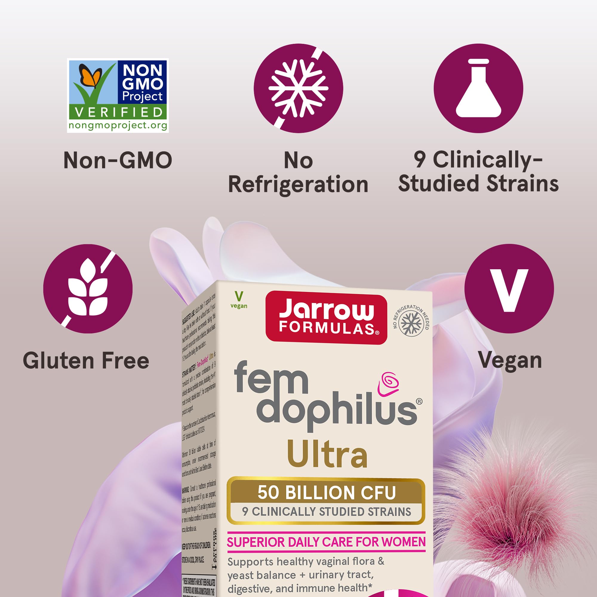 Jarrow Formulas Fem-Dophilus Vaginal & Digestive Probiotic 50 Billion CFU, 9 Clinically-Studied Strains, for Vaginal Flora & Yeast Balance, Urinary Tract, Digestive, & Immune Support, 30 Capsules
