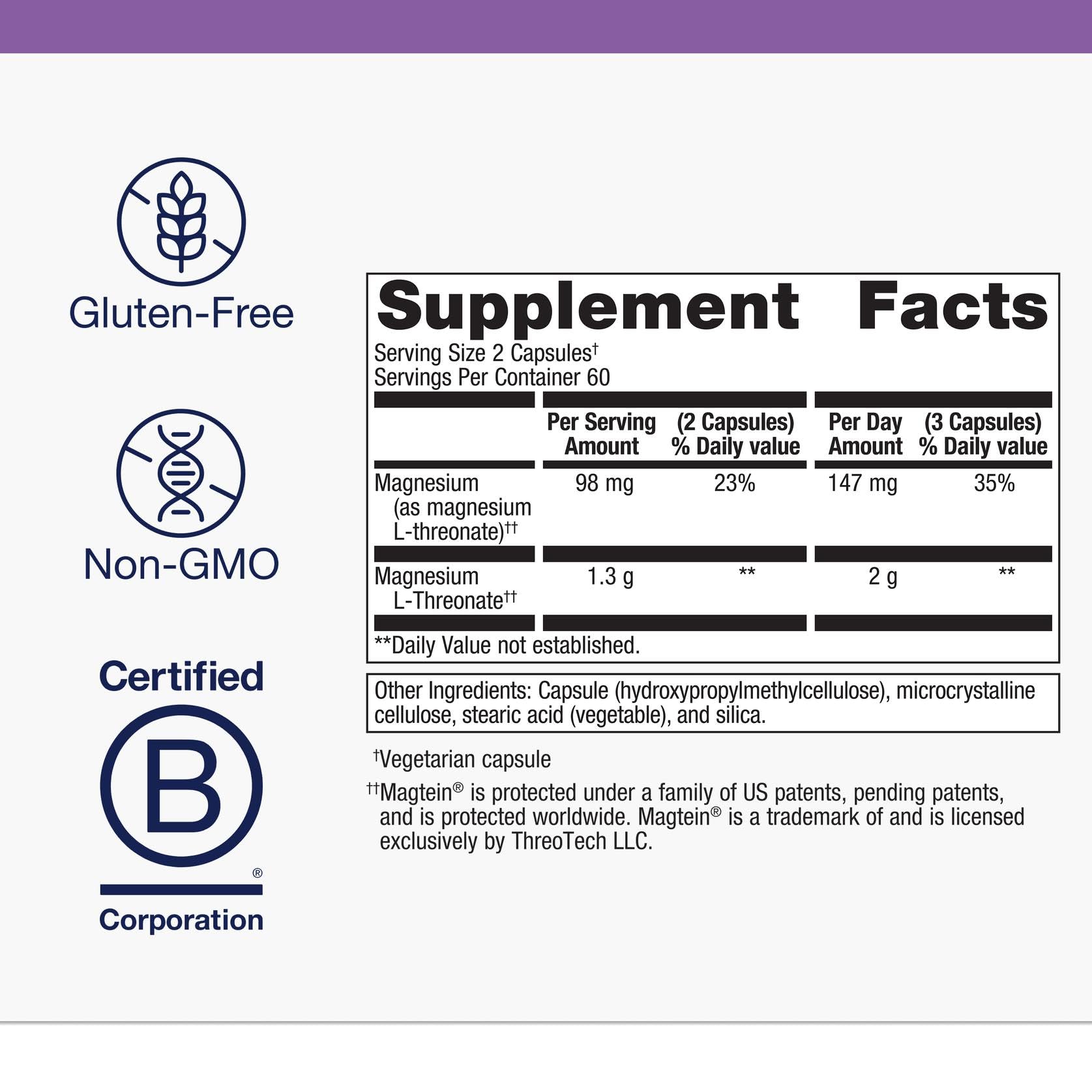 Metagenics Magnesium L-Threonate - Magtein Magnesium for Brain Health, Memory, Learning & Cognitive Support - Clinically Studied Bioavailable Form - Non-GMO, Gluten-Free, Vegan - 120 Capsules