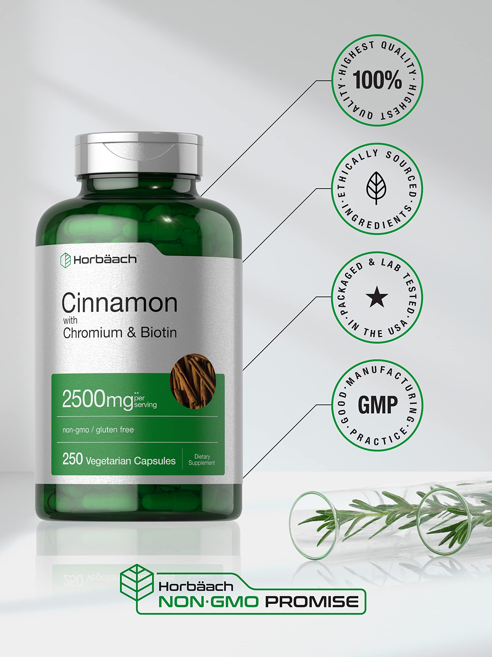 Horbäach Cinnamon with Chromium & Biotin | 250 Capsules | Herb Extract Supplement | Vegetarian, Non-GMO, Gluten Free Extract Supplement