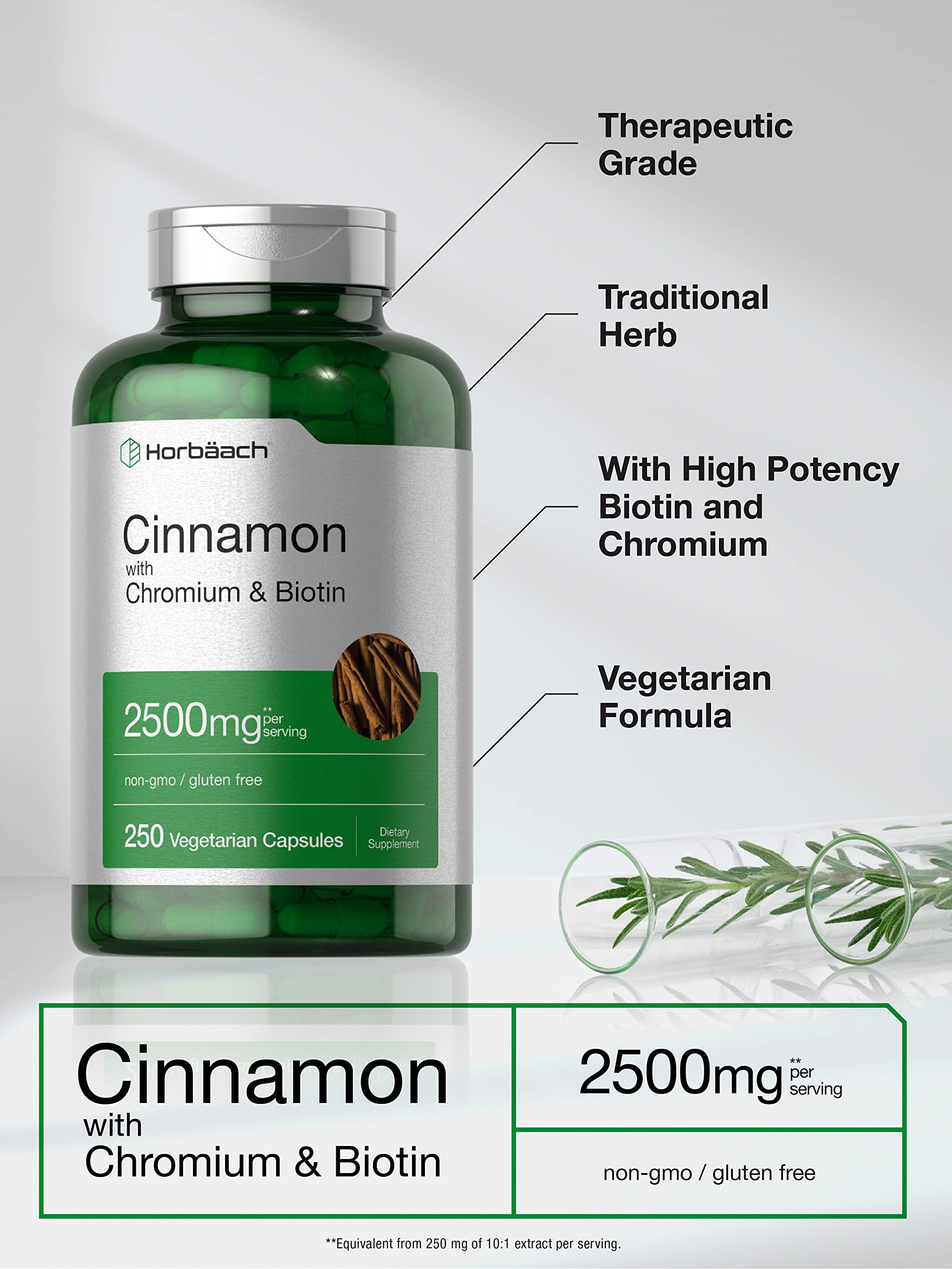 Horbäach Cinnamon with Chromium & Biotin | 250 Capsules | Herb Extract Supplement | Vegetarian, Non-GMO, Gluten Free Extract Supplement