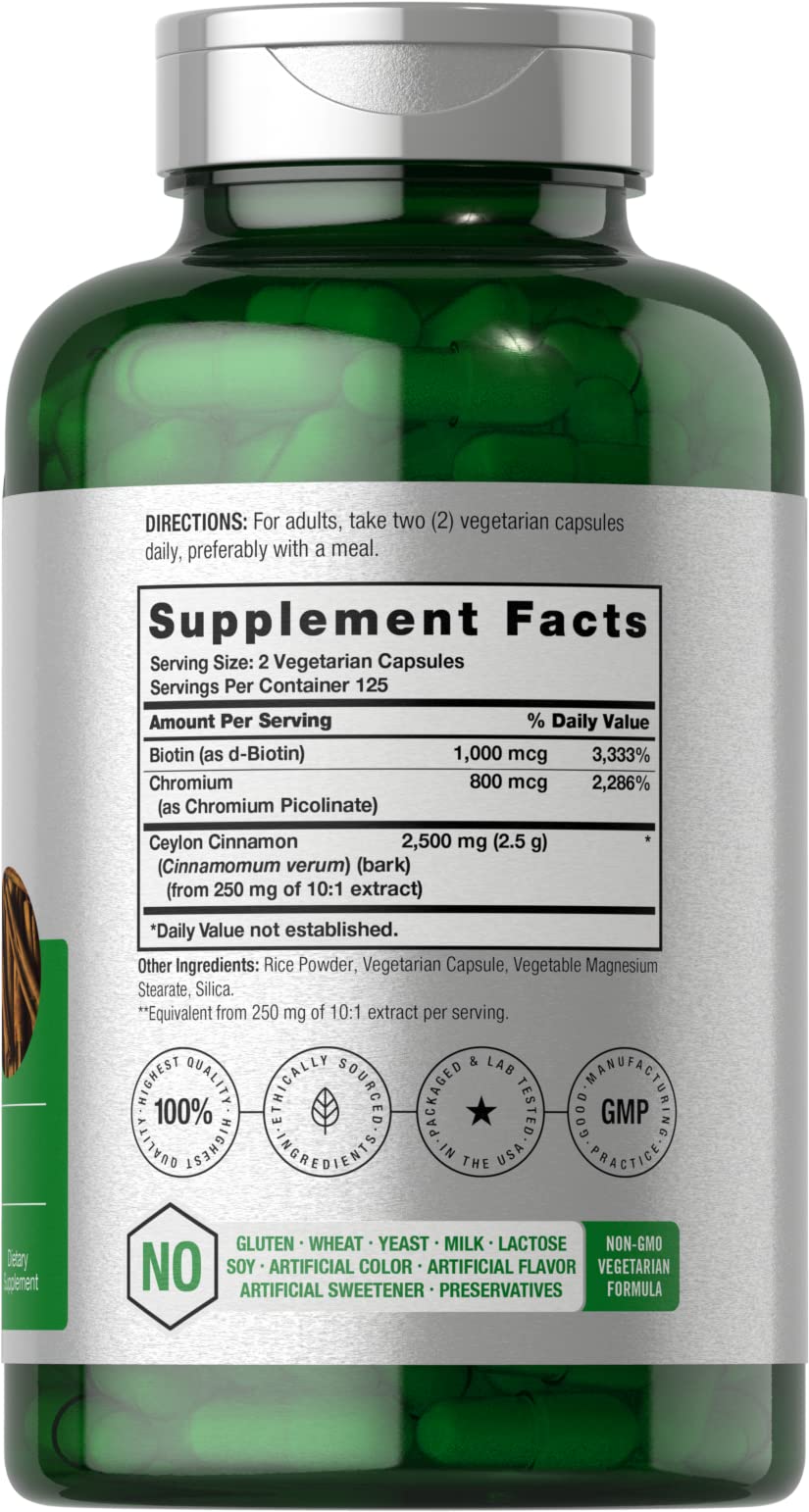 Horbäach Cinnamon with Chromium & Biotin | 250 Capsules | Herb Extract Supplement | Vegetarian, Non-GMO, Gluten Free Extract Supplement
