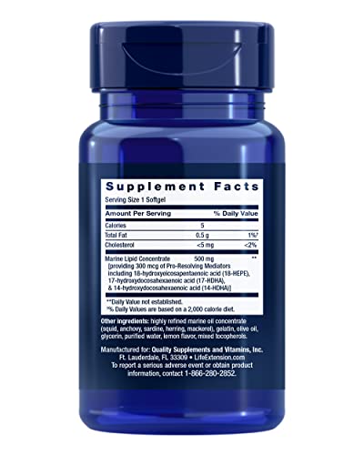 Life Extension Pro-Resolving Mediators, 18-HEPE, 17-HDHA, 14-HDHA, Supports The Body’s Natural Post-inflammatory Response, Gluten Free, Non-GMO, 30 softgels