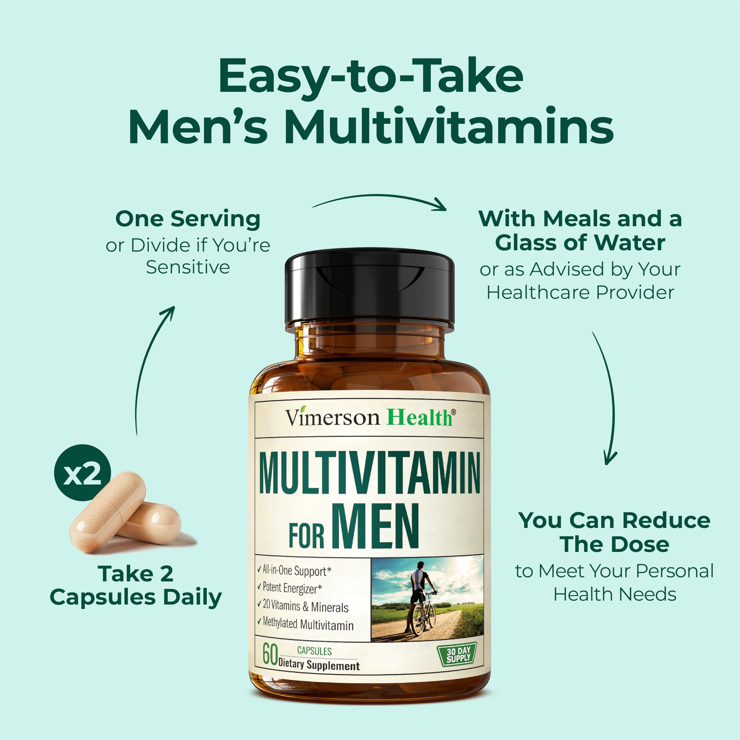 Multivitamin for Men with Methylated Vitamins and Chelated Minerals for Energy, Focus and Immune Health – Premium Daily Mens Multivitamins & Multiminerals – 60 Capsules