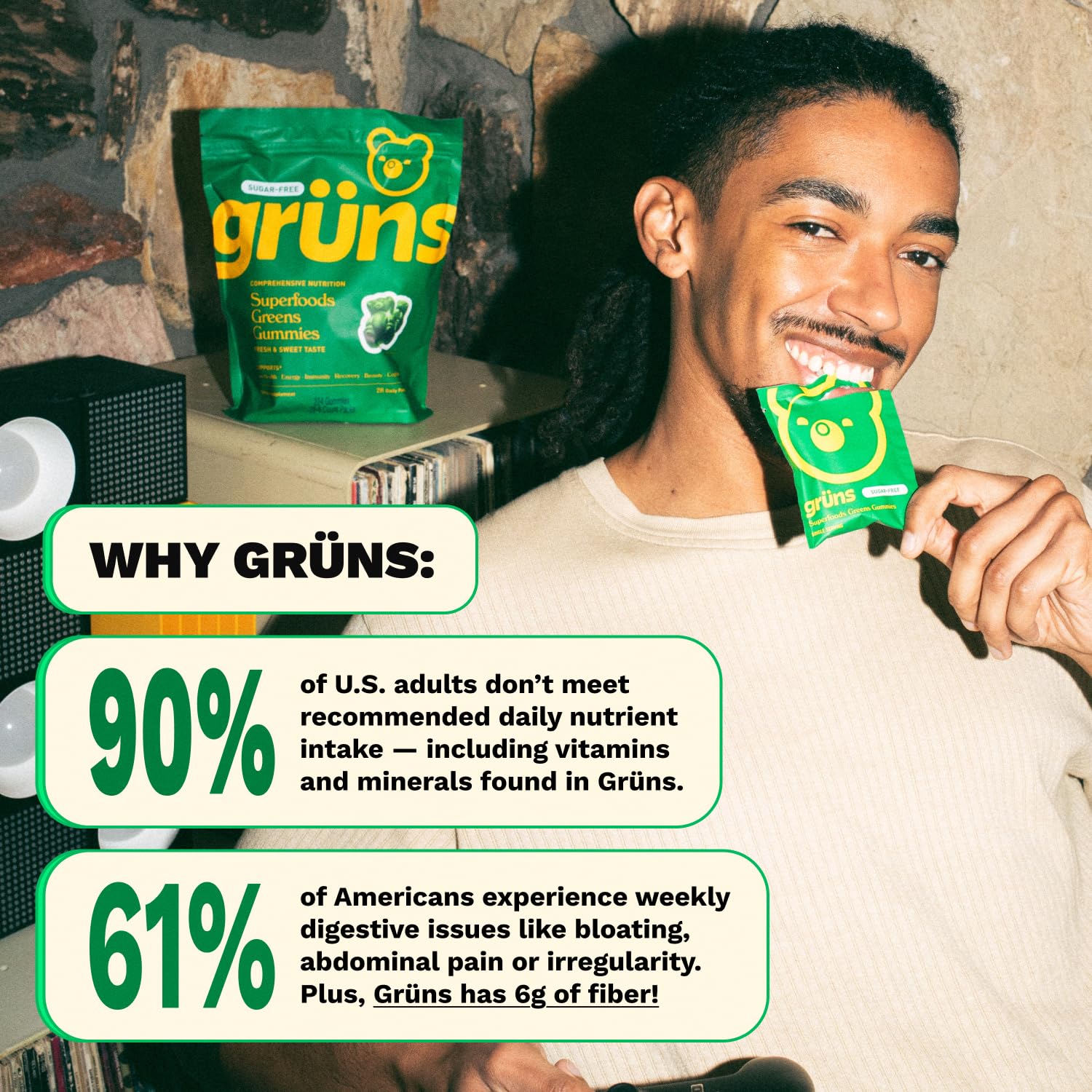 Gruns Adult Super Greens Multivitamin Gummies, Superfood Gummy Vitamins for Women and Men with Spirulina, Chlorella, Adaptogens & Prebiotic Fiber for Digestive Health (28 Count)