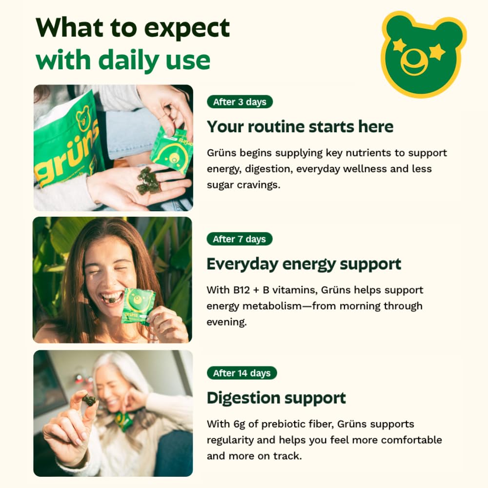 Gruns Adult Super Greens Multivitamin Gummies, Superfood Gummy Vitamins for Women and Men with Spirulina, Chlorella, Adaptogens & Prebiotic Fiber for Digestive Health (28 Count)