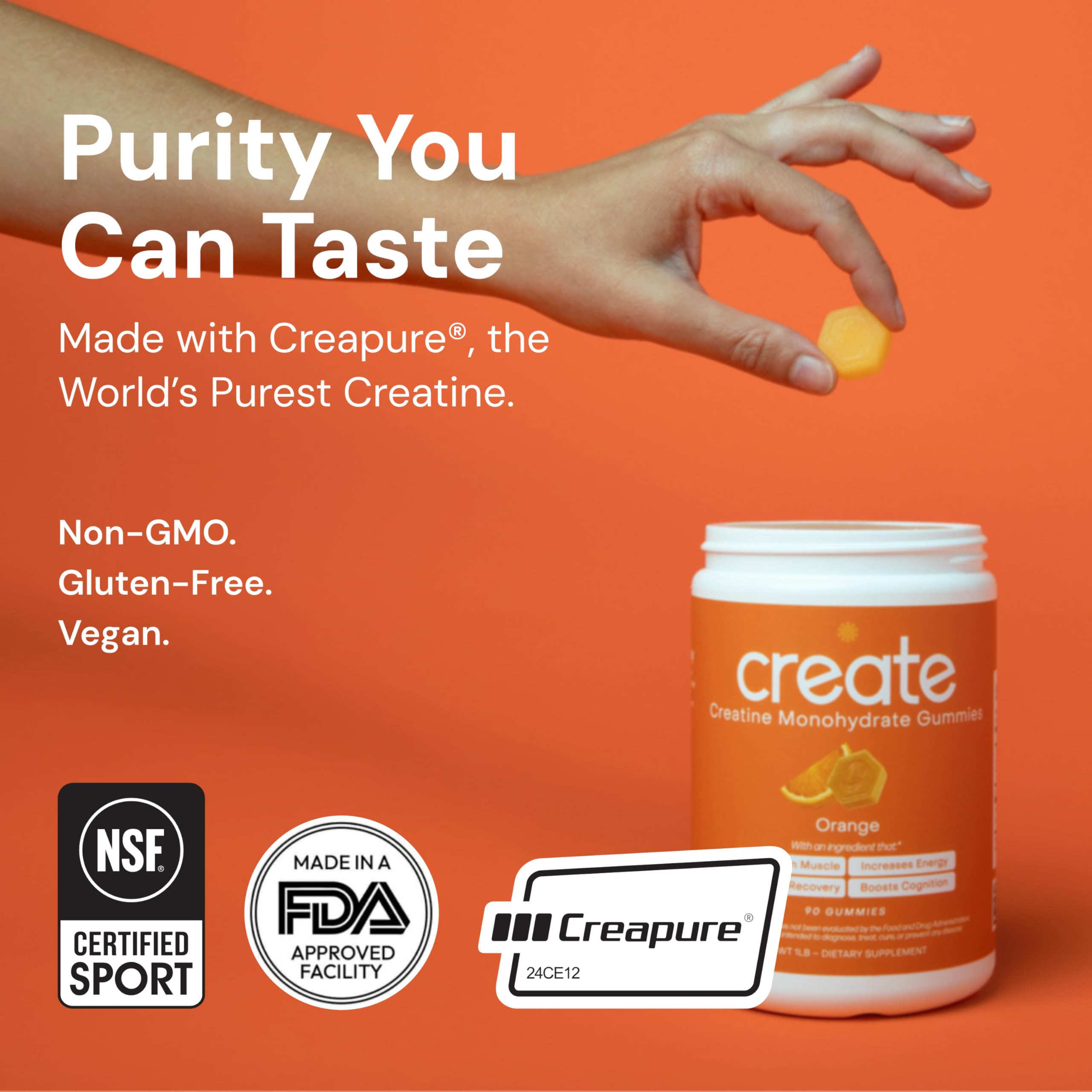 Create Creatine Monohydrate Gummies for Men & Women, Boost Focus, Strength, and Endurance, Anti-Melting Formula, Vegan, Gluten-Free, Non-GMO, 1.5g of Creatine per Gummy (Orange)