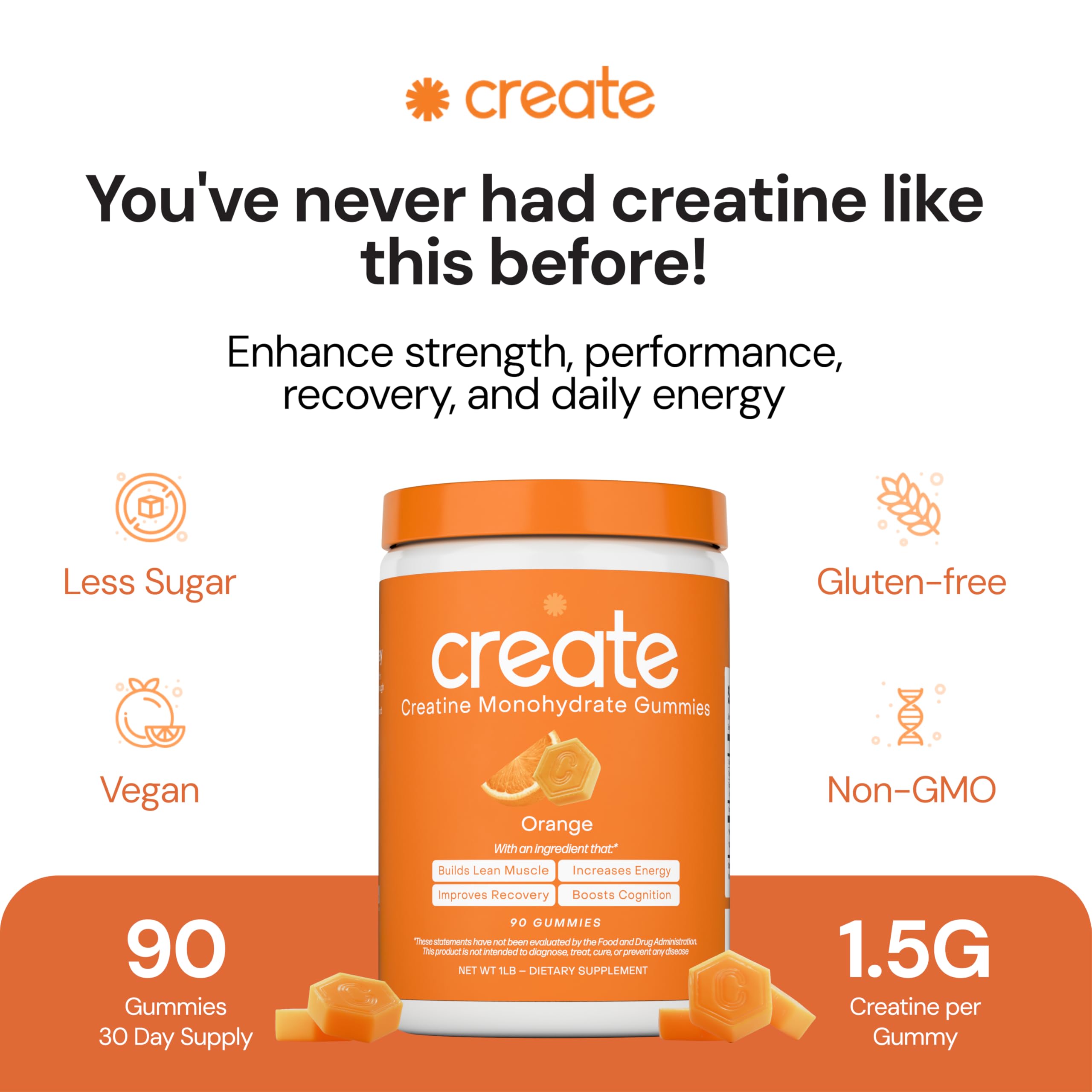 Create Creatine Monohydrate Gummies for Men & Women, Boost Focus, Strength, and Endurance, Anti-Melting Formula, Vegan, Gluten-Free, Non-GMO, 1.5g of Creatine per Gummy (Orange)