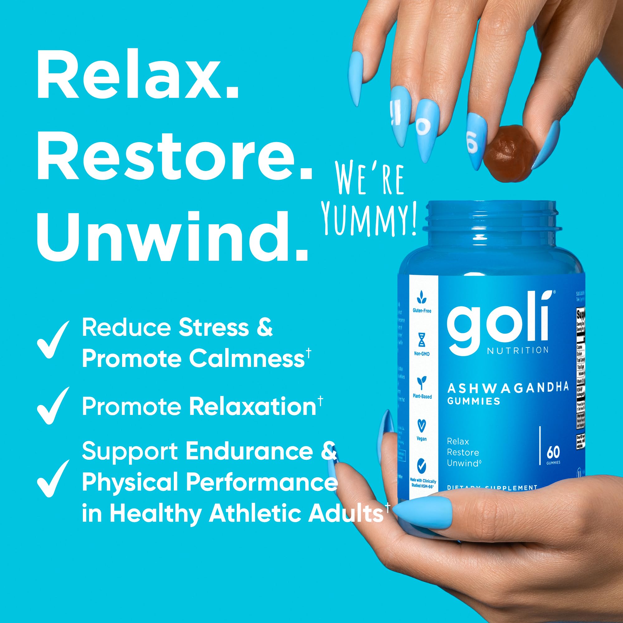 Goli Ashwagandha Gummies with KSM-66 and Vitamin D - Premium Root Extract - Vegan, Non-GMO - Mixed Berry Flavor - 60 Count (5-Pack, 300 Total)