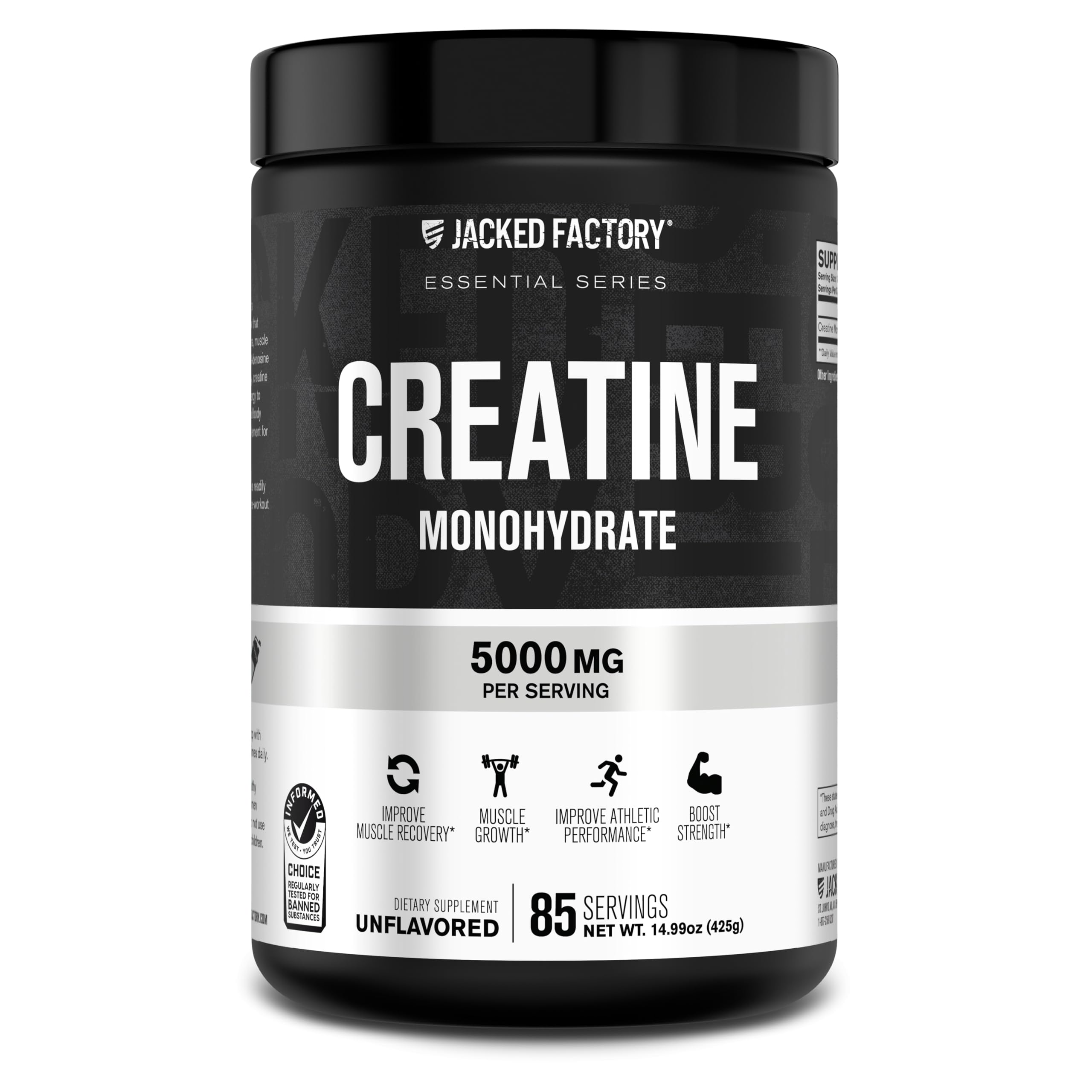 Jacked Factory Creatine Monohydrate Powder 425g - 5g Daily Creatine Supplement for Men and Women, Vegan-Friendly, Third-Party Tested - 85 Servings, Unflavored