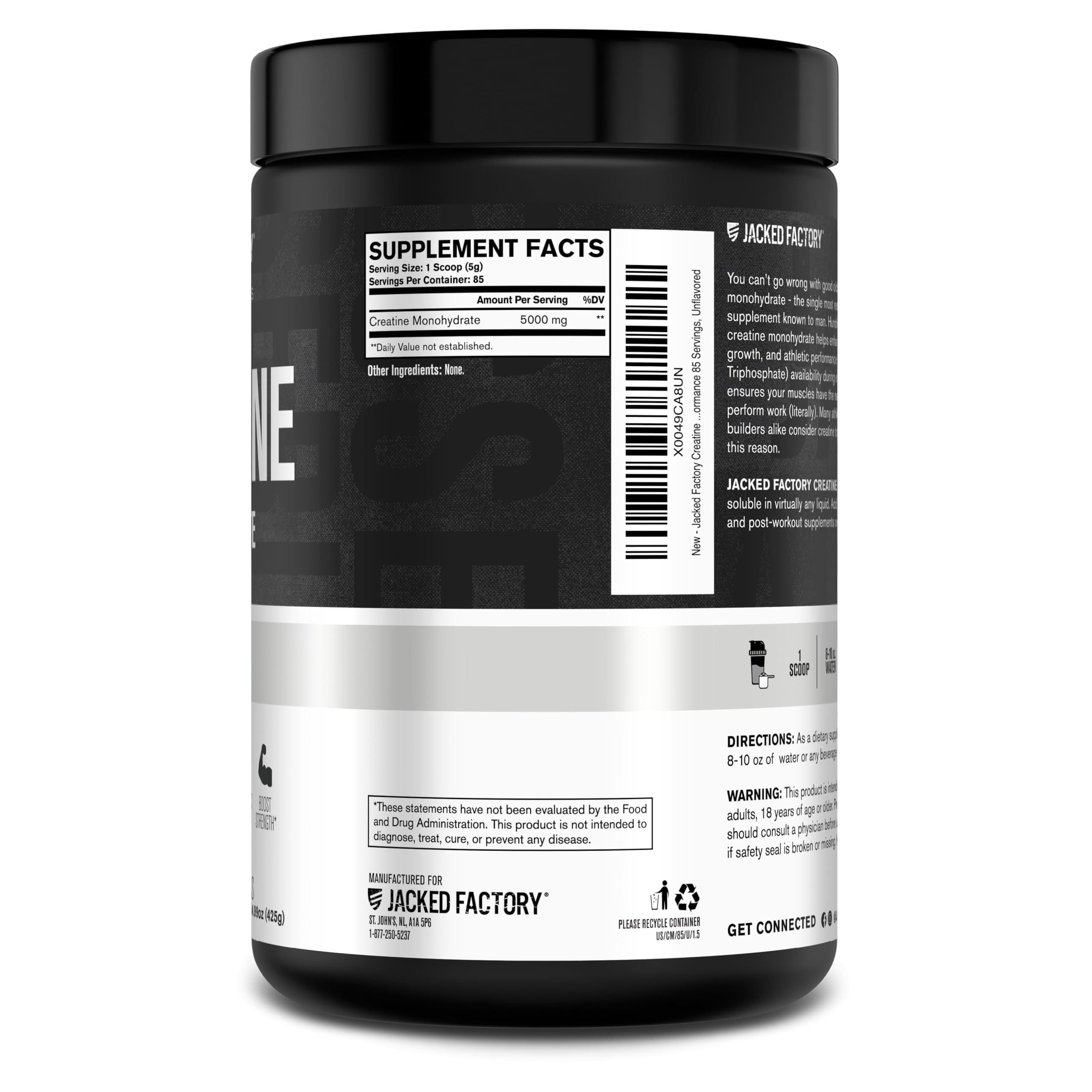 Jacked Factory Creatine Monohydrate Powder 425g - 5g Daily Creatine Supplement for Men and Women, Vegan-Friendly, Third-Party Tested - 85 Servings, Unflavored