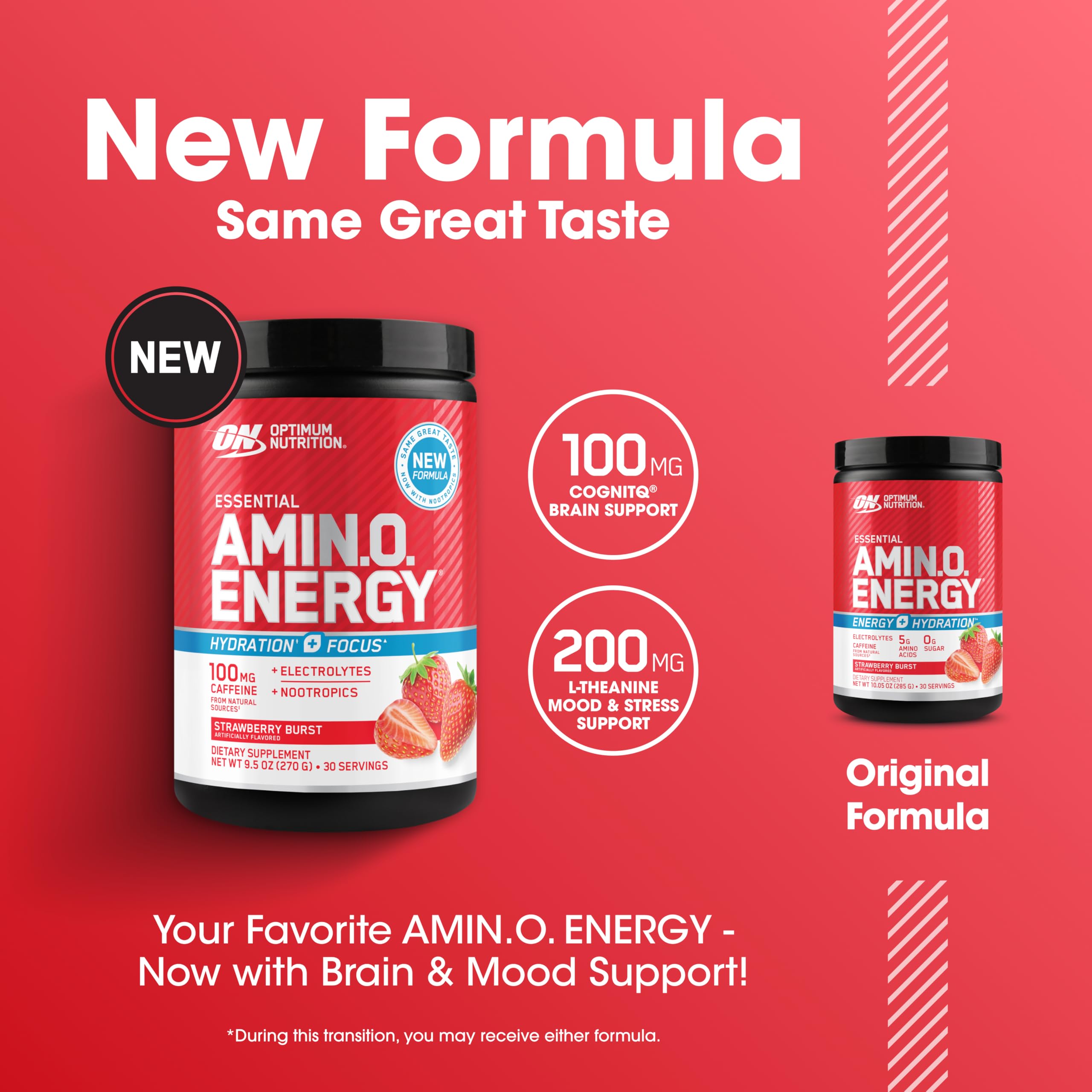 Optimum Nutrition Amino Energy Powder Plus Focus, with BCAA, Electrolytes, and Caffeine, Juicy Strawberry, 30 Servings (Packaging May Vary)