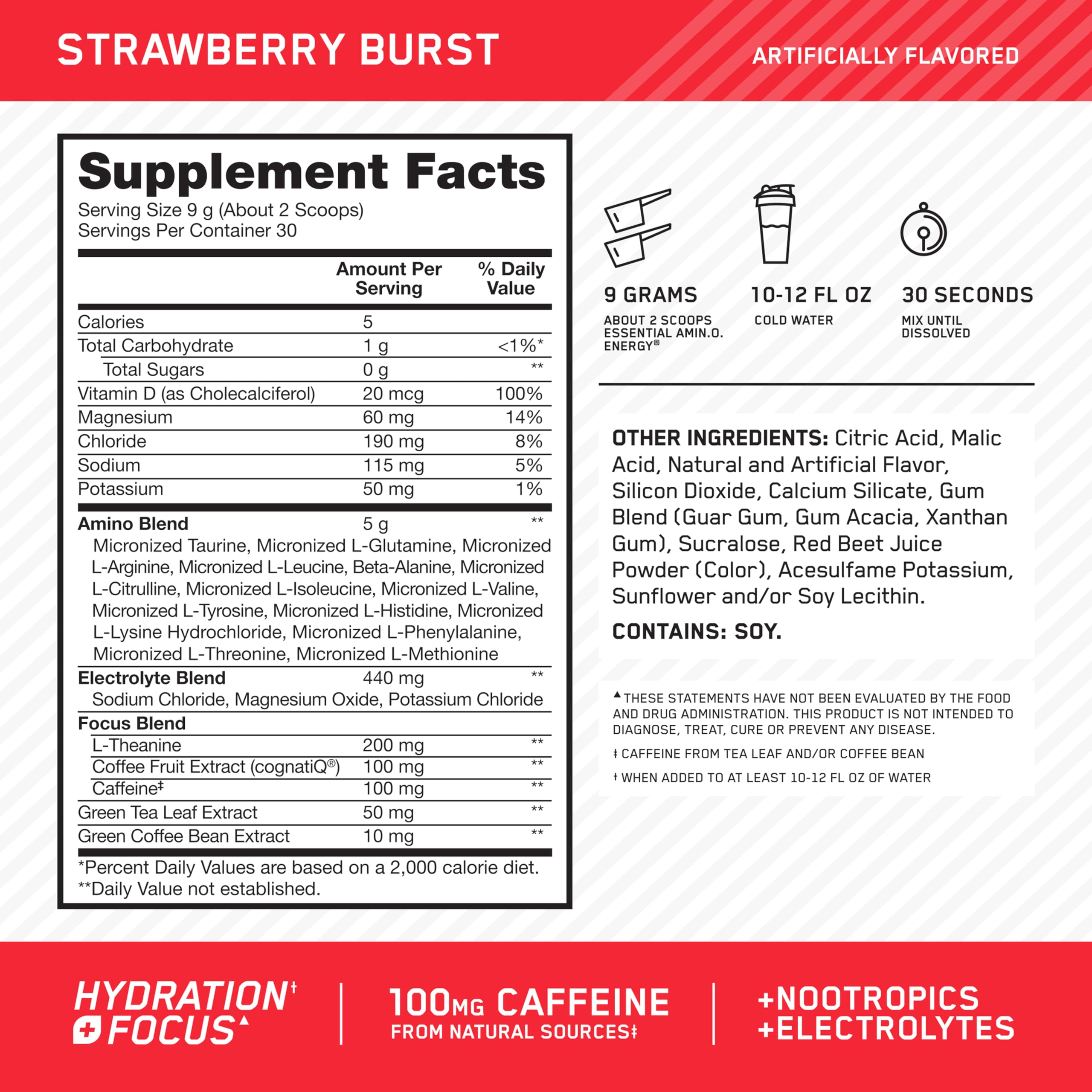Optimum Nutrition Amino Energy Powder Plus Focus, with BCAA, Electrolytes, and Caffeine, Juicy Strawberry, 30 Servings (Packaging May Vary)