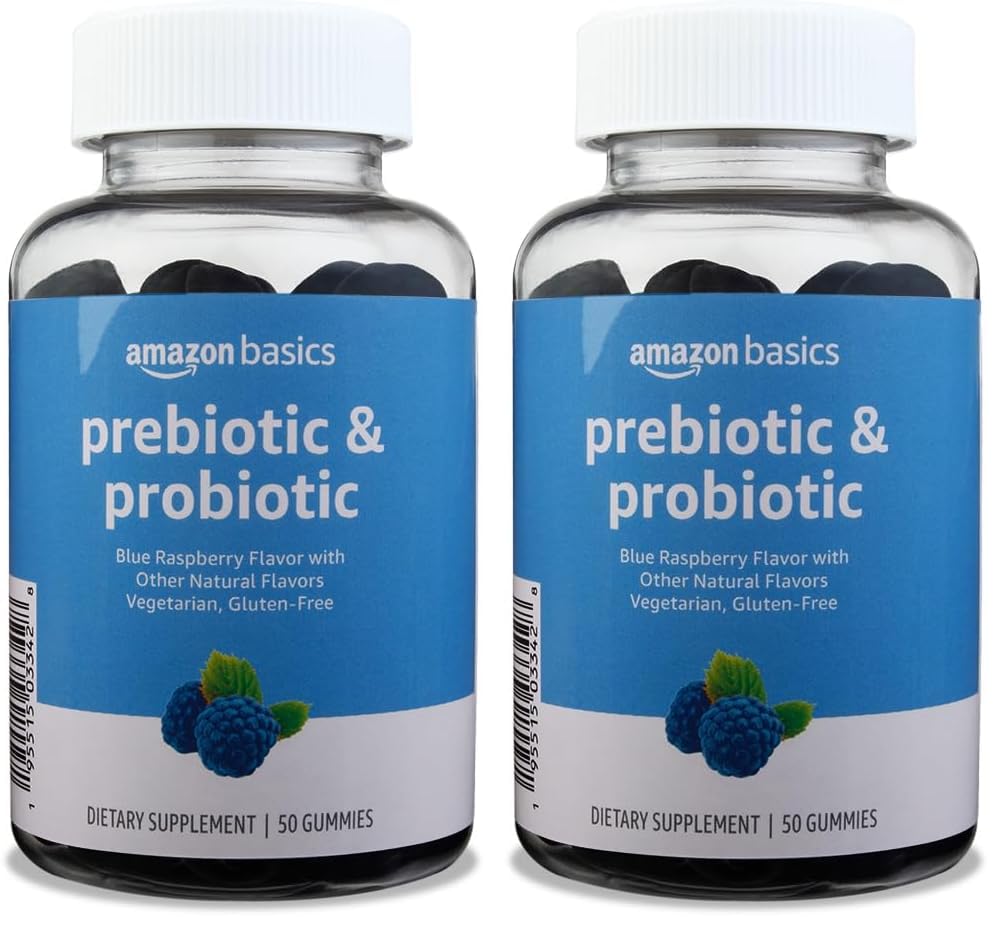Amazon Basics Prebiotic & Probiotic Gummies, 2 Billion CFU, Blue Raspberry, 50 Count (Previously Solimo) (Pack of 2)