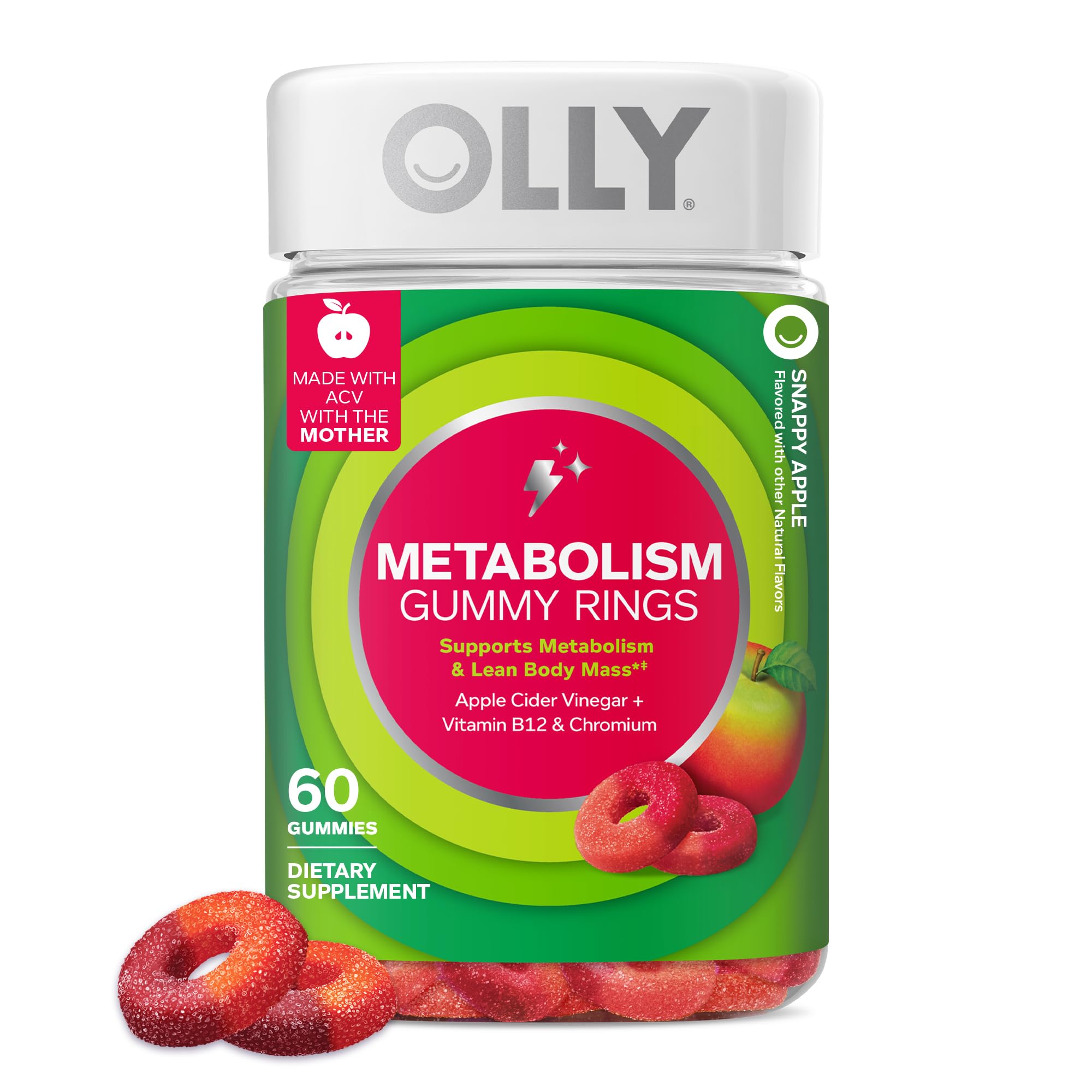 OLLY Metabolism Gummy Rings, Metabolism and Cellular Energy Chewable Supplement,* Apple Cider Vinegar, Vitamin B12, Chromium Picolinate, Apple Flavored, 60 Day Supply - 60 Count