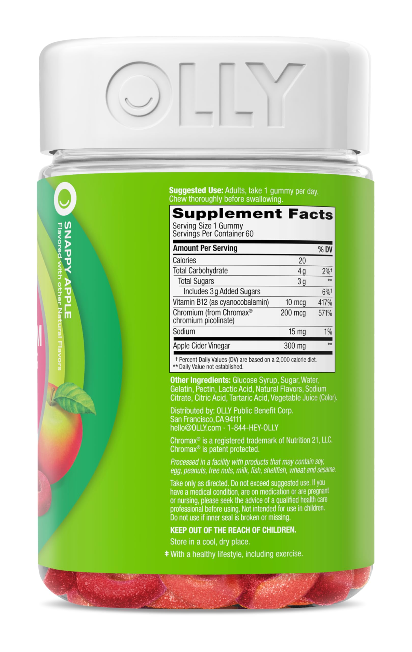 OLLY Metabolism Gummy Rings, Metabolism and Cellular Energy Chewable Supplement,* Apple Cider Vinegar, Vitamin B12, Chromium Picolinate, Apple Flavored, 60 Day Supply - 60 Count