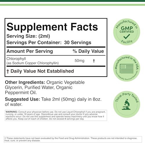 Chlorophyll Liquid Drops - for Digestion, Gut Health, Energy and Detox - Vegan Safe (Rich, Full Texture and Taste, Not Watered Down), 2oz Peppermint Flavored, by Double Wood