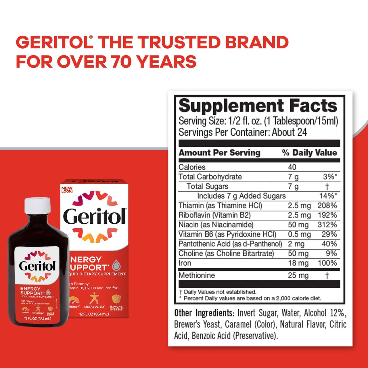 Geritol Liquid Vitamin and Iron Supplement, Energy Support, Contains High Potency B-Vitamins and Iron, Pleasant Tasting, Easy to Swallow, No Artificial Sweeteners, Non-GMO, 12 Oz, 2 Pack