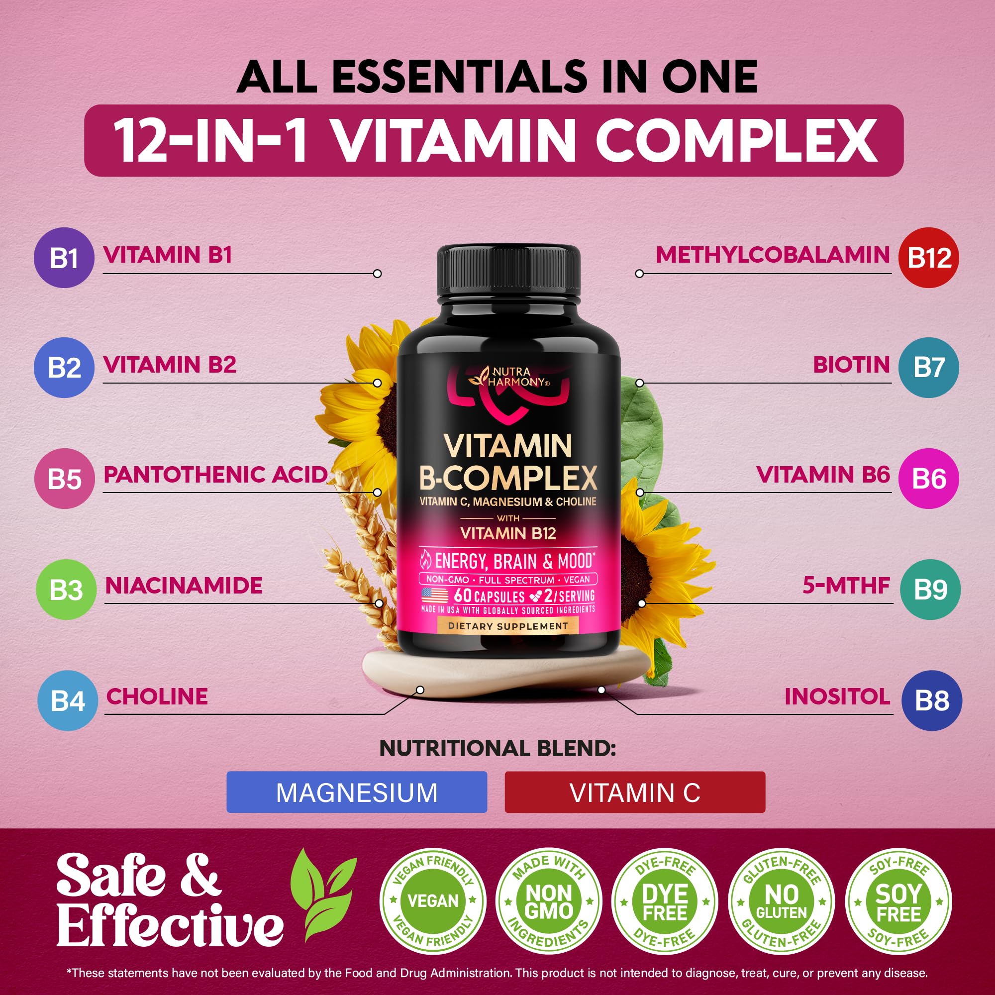 Vitamin B Complex for Men & Women - Riboflavin B2, B12, B1, B3, B5, B6, B7, B8, B9 | Vitamin C, Choline, Inositol - B-Complex Supplement - Energy, Brain & Heart Support - Made in USA, 60 Vegan Caps