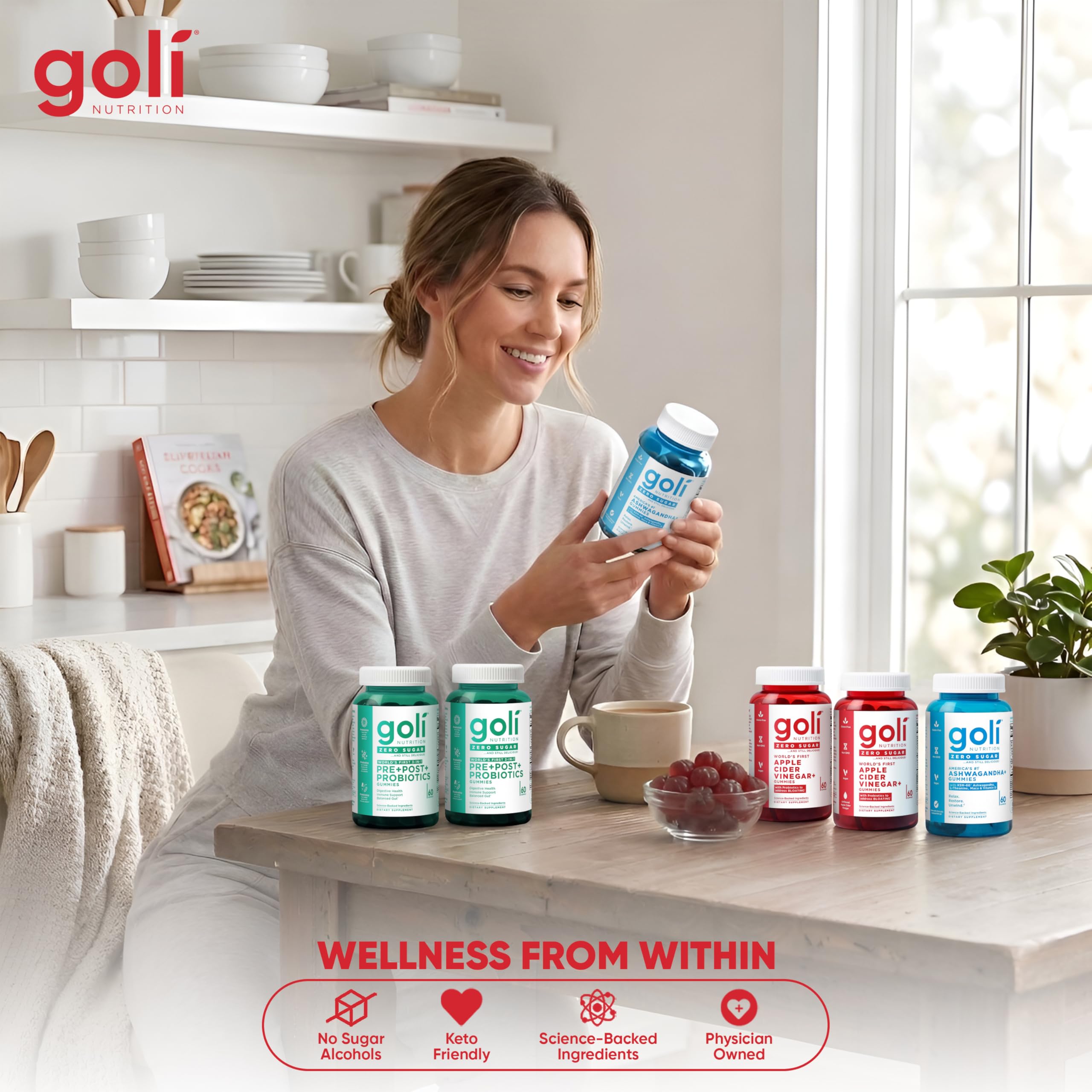 Goli Zero Sugar 6 Pack Bundle - World's First 3-in-1 Pre, Post, Probiotic, Apple Cider Vinegar with Vitamin B12 and Probiotics to Address Bloating, Ashwagandha & L-Theanine, Vitamin D Gummies