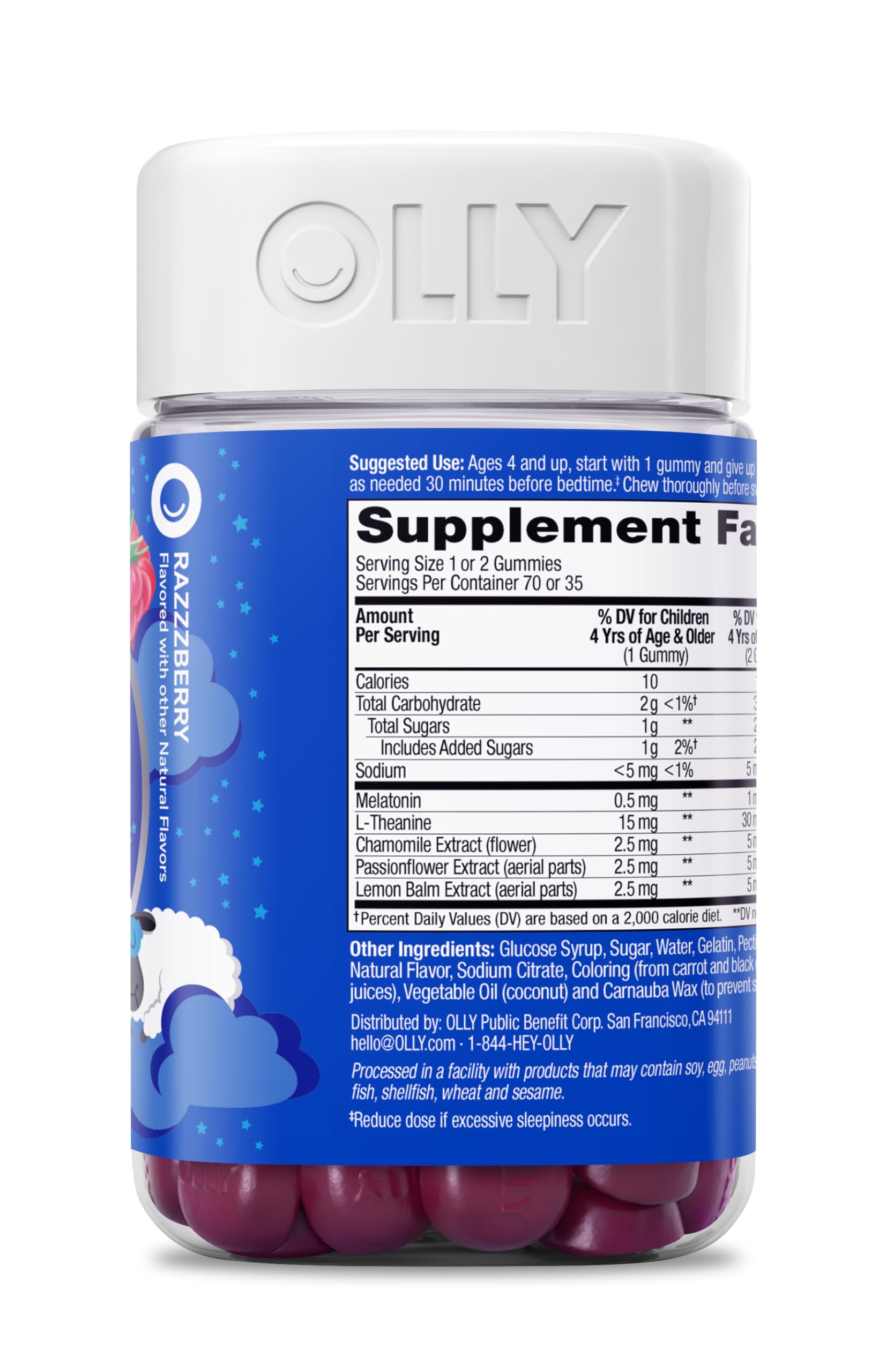 OLLY Kids Sleep Gummies, 0.5mg Melatonin, L Theanine, Chamomile, and Lemon Balm, Raspberry - 70 Count