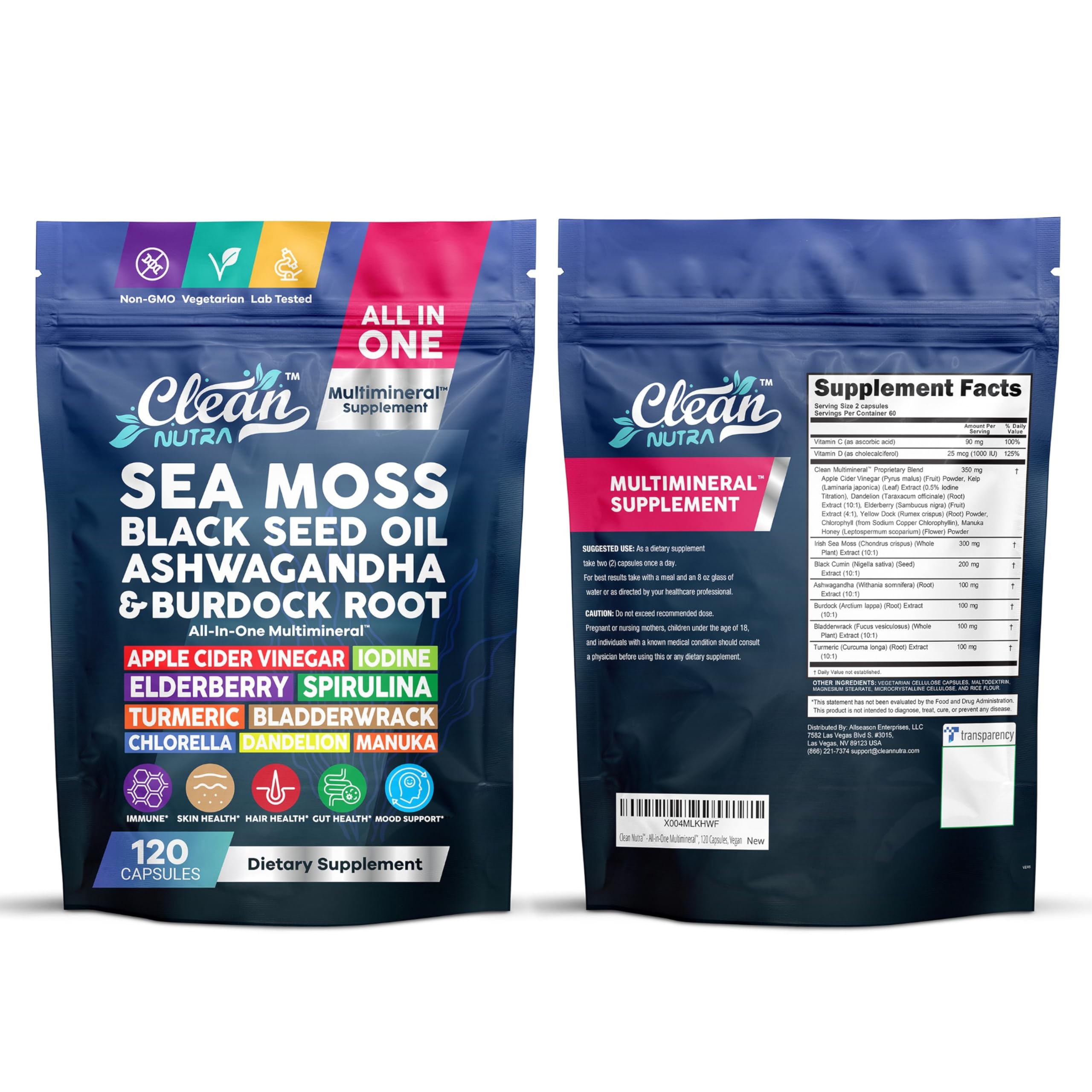 Clean Nutraceuticals Sea Moss Black Seed Oil Ashwagandha Turmeric Bladderwrack Burdock & Vitamin C Vitamin D3 with Elderberry Manuka Dandelion (120 Count (Pack of 1))