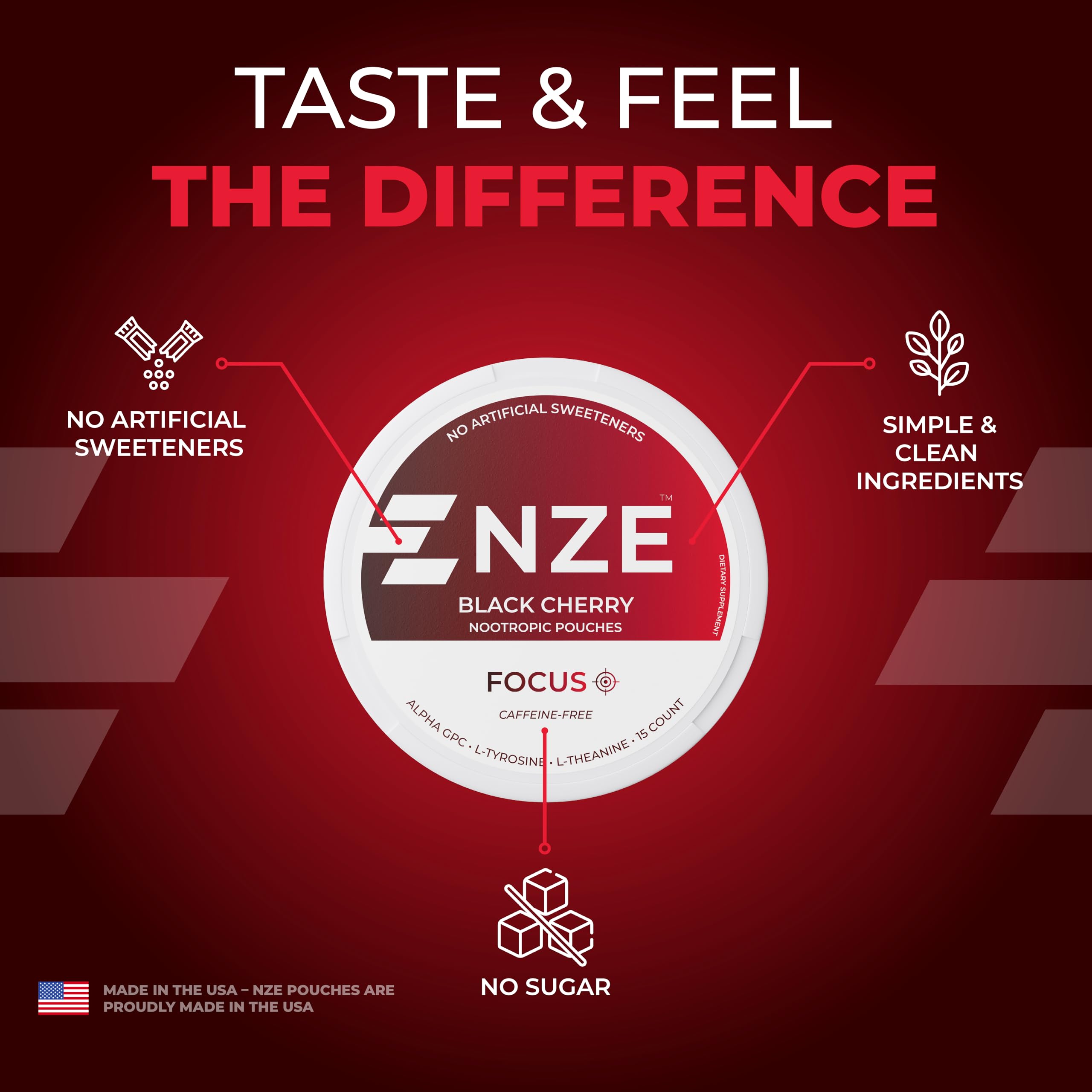 NZE Caffeine Free Nootropic Pouches (Black Cherry) - Nootropic Pouches with Alpha GPC, L-Tyrosine & L-Theanine - No Sugar or Artificial Sweeteners - 15 Pouches Per Can - 5 Pack