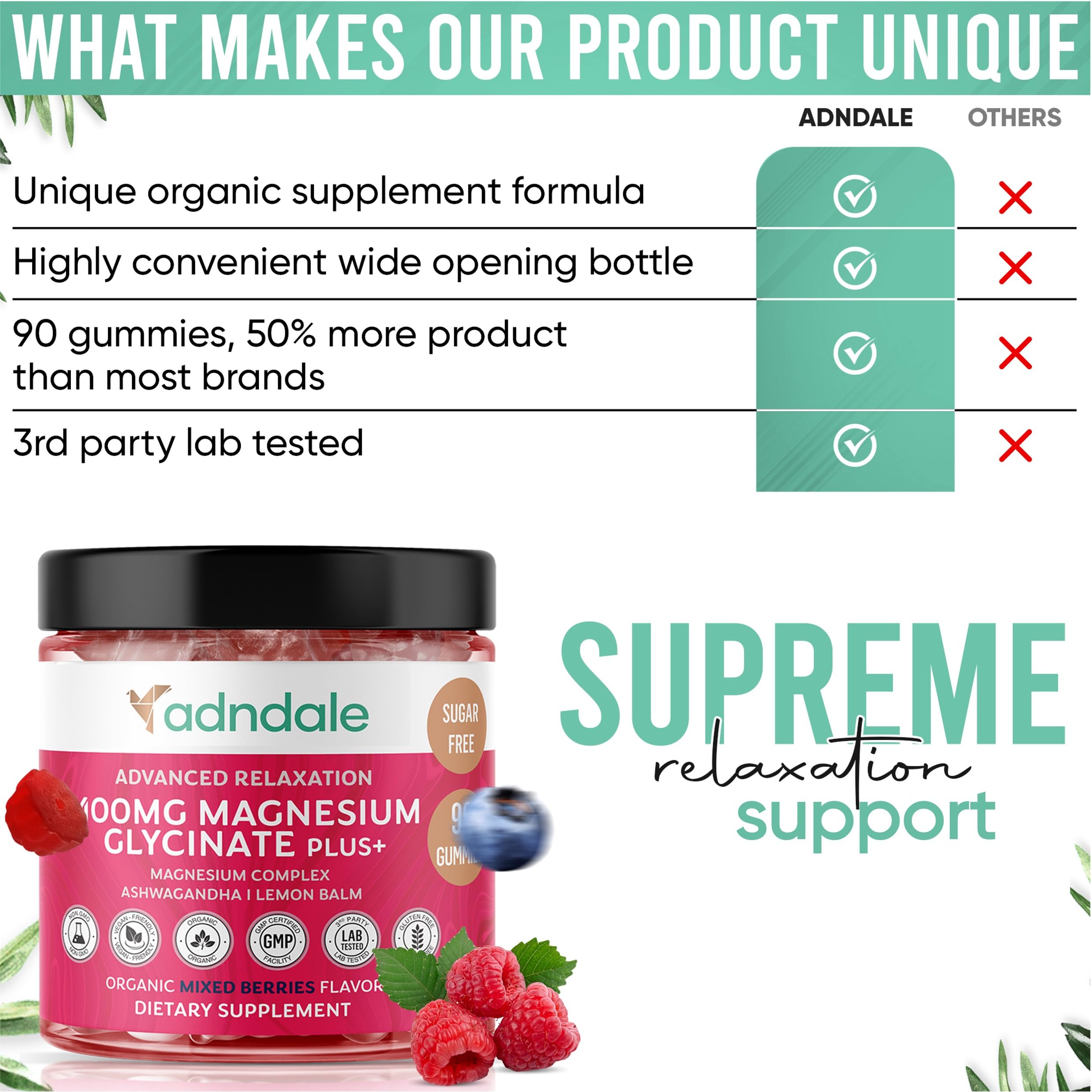 Adndale 90 CT Magnesium Glycinate 400 mg Gummies with Ashwagandha, Magnesium Malate & Taurate, Sugar Free Magnesium Gummies for Adults & Kids.