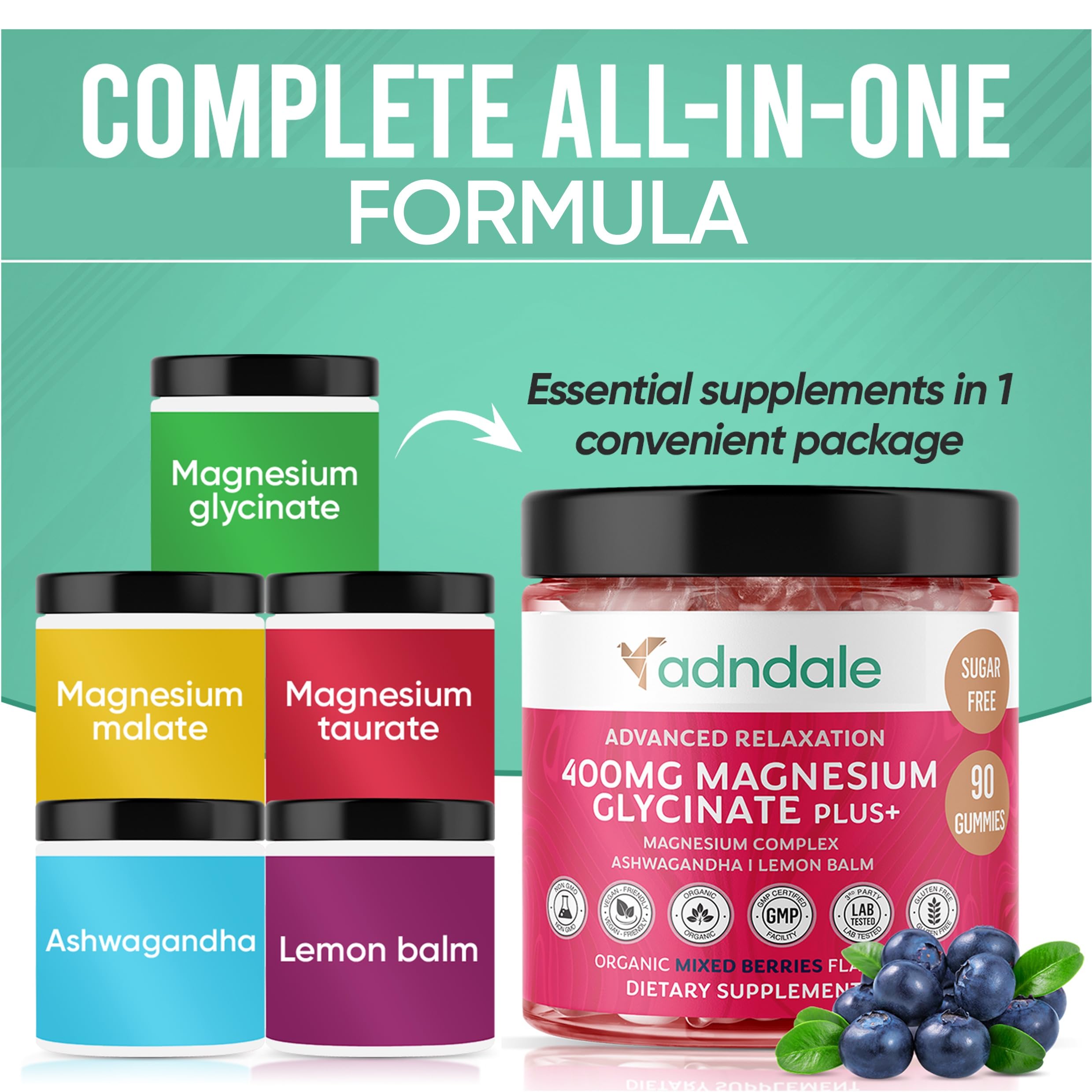 Adndale 90 CT Magnesium Glycinate 400 mg Gummies with Ashwagandha, Magnesium Malate & Taurate, Sugar Free Magnesium Gummies for Adults & Kids.